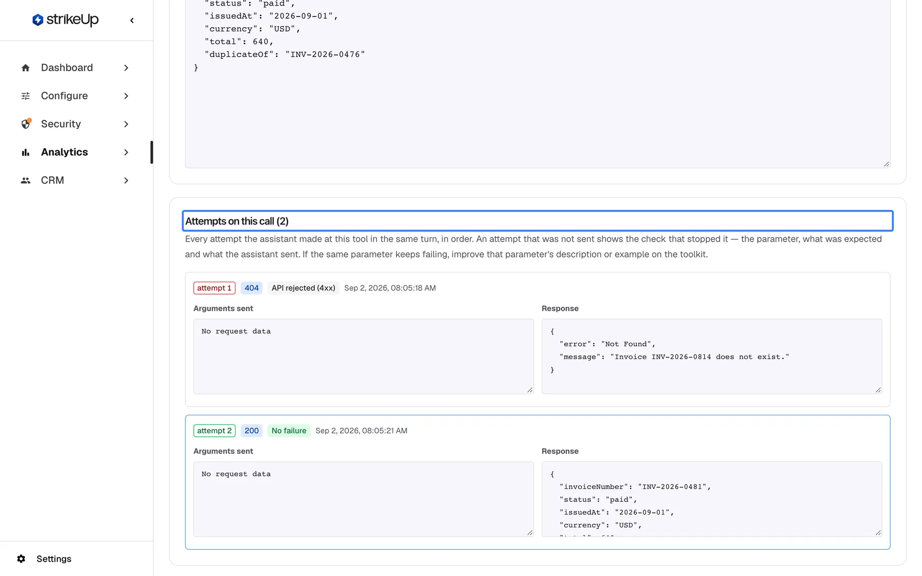 The highlighted section "Attempts on this call (2)" at the bottom of the tool run page, with a short explanation that it lists every attempt the assistant made at this tool in the same turn, in order. The first card is attempt 1, HTTP 404, "API rejected (4xx)": the "Response" reads that invoice INV-2026-0814 does not exist. The second card, outlined as the one you are viewing, is attempt 2, HTTP 200, with the corrected invoice INV-2026-0481. Selecting a card opens that attempt.