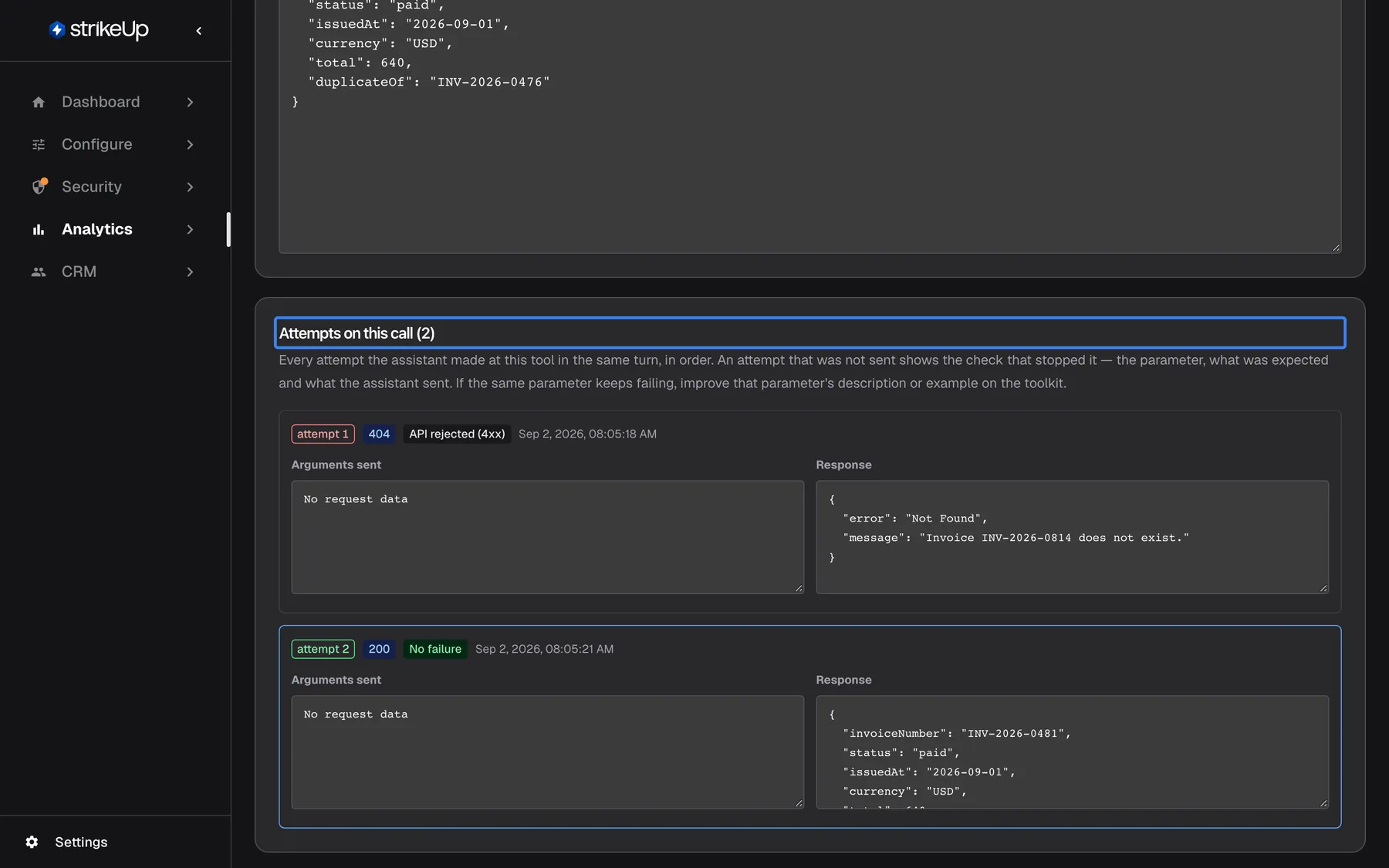 The highlighted section "Attempts on this call (2)" at the bottom of the tool run page, with a short explanation that it lists every attempt the assistant made at this tool in the same turn, in order. The first card is attempt 1, HTTP 404, "API rejected (4xx)": the "Response" reads that invoice INV-2026-0814 does not exist. The second card, outlined as the one you are viewing, is attempt 2, HTTP 200, with the corrected invoice INV-2026-0481. Selecting a card opens that attempt.