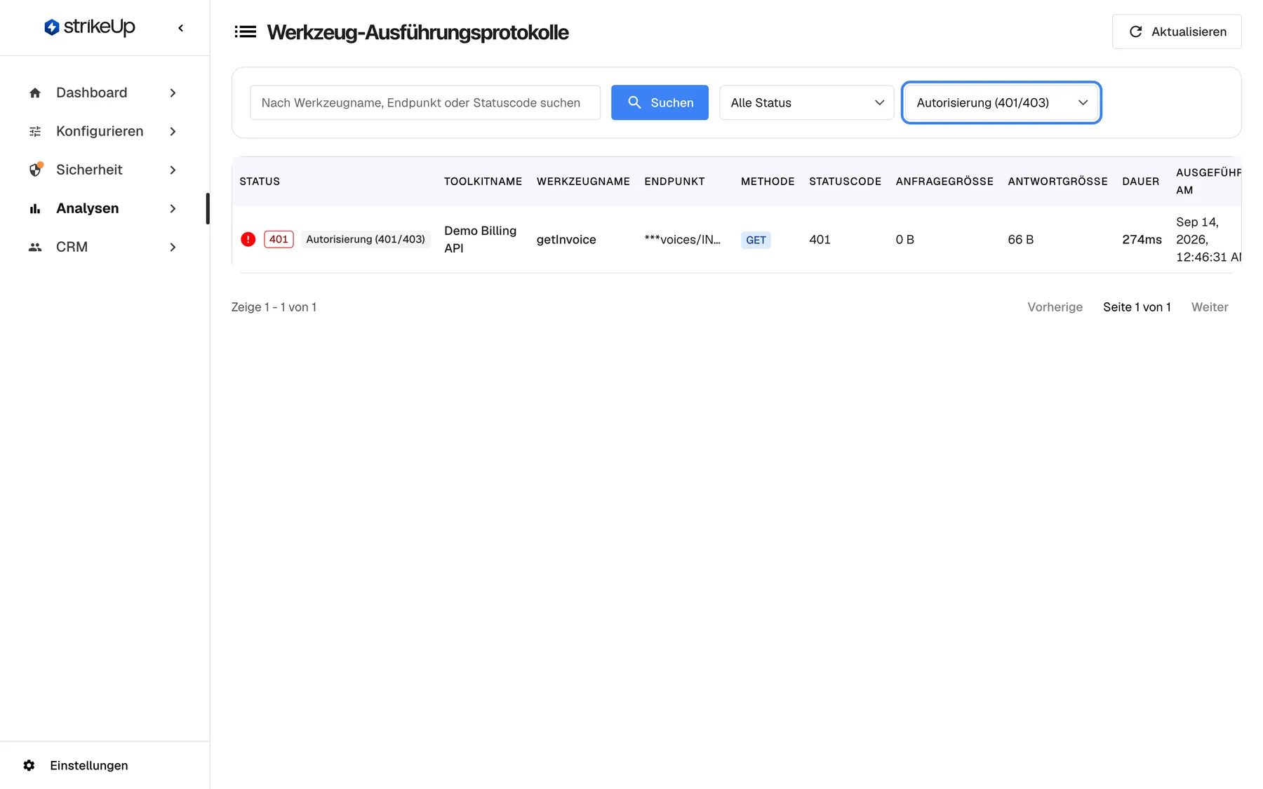 Die Seite „Tool-Läufe“ mit dem hervorgehobenen Fehlerartfilter auf „Autorisierung (401/403)“. Ein Lauf bleibt übrig: getInvoice auf der Demo Billing API, mit HTTP 401 beantwortet, als ein autonomer Agent eine überfällige Rechnung prüfte. Autorisierungsfehler deuten meist auf die Zugangsdaten des Toolkits oder die Autorisierung des Kunden hin, nicht auf die KI.