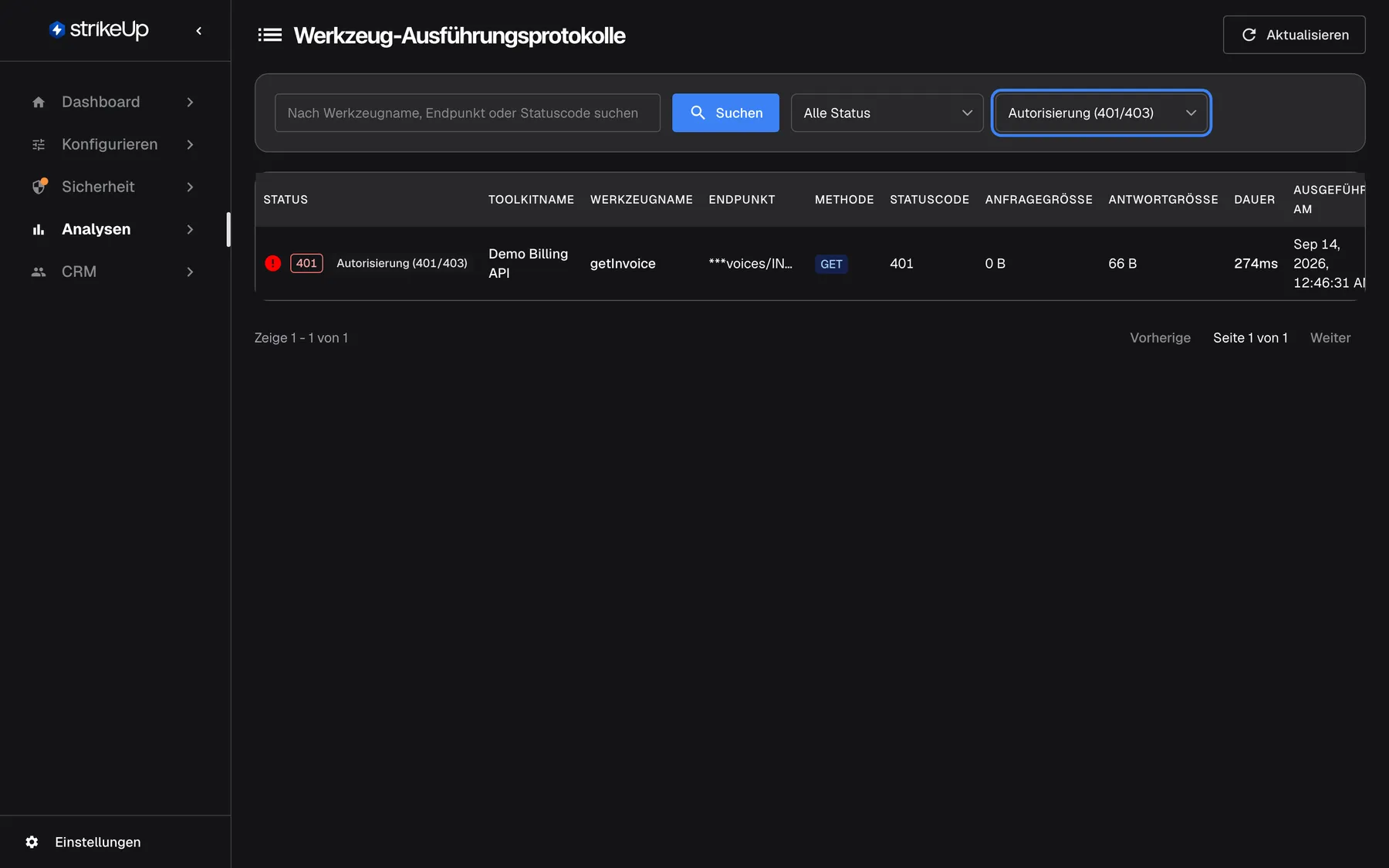 Die Seite „Tool-Läufe“ mit dem hervorgehobenen Fehlerartfilter auf „Autorisierung (401/403)“. Ein Lauf bleibt übrig: getInvoice auf der Demo Billing API, mit HTTP 401 beantwortet, als ein autonomer Agent eine überfällige Rechnung prüfte. Autorisierungsfehler deuten meist auf die Zugangsdaten des Toolkits oder die Autorisierung des Kunden hin, nicht auf die KI.