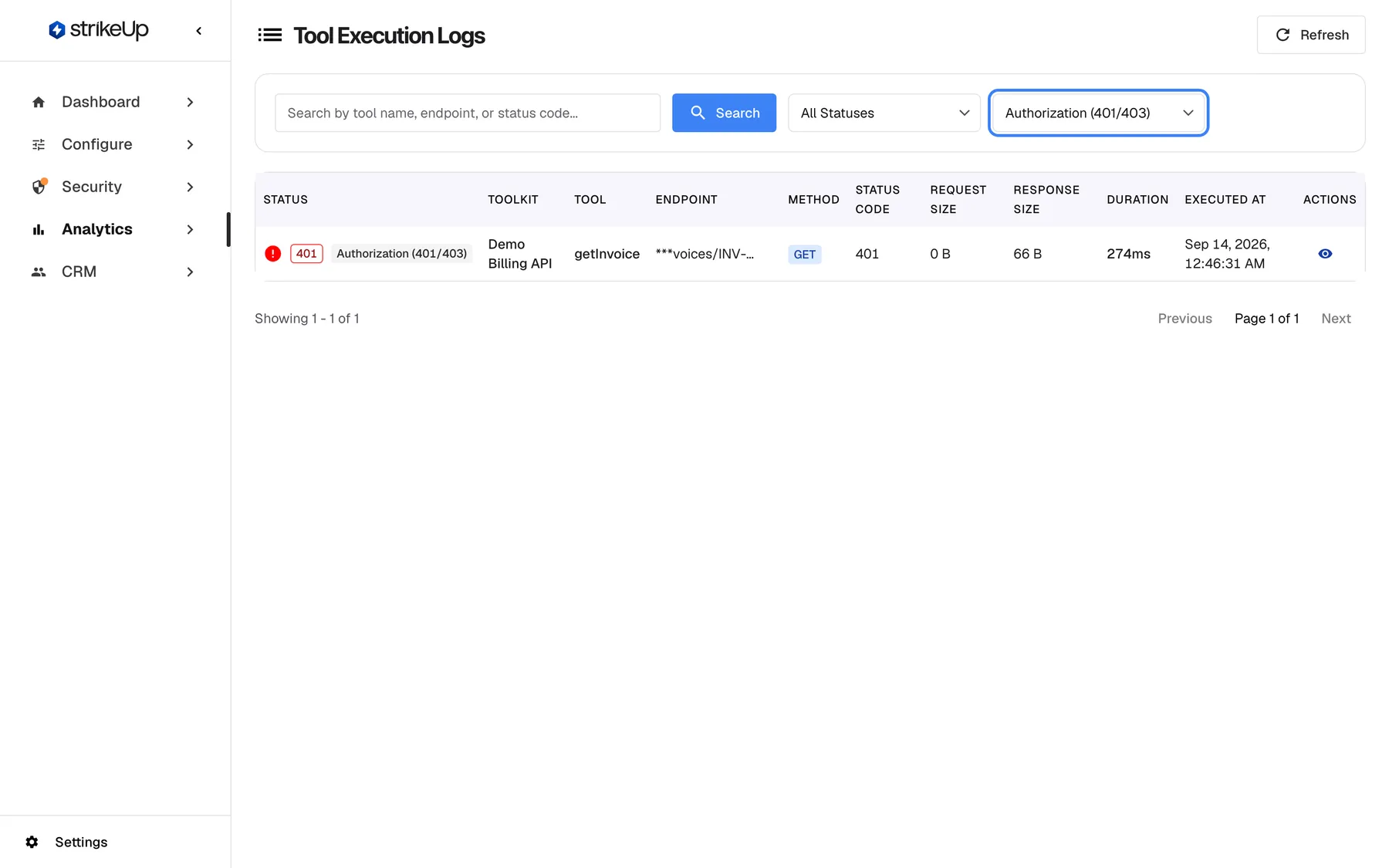 The Tool runs page with the highlighted failure-kind filter set to "Authorization (401/403)". One run remains: getInvoice on the Demo Billing API, answered with HTTP 401 while an autonomous agent checked an overdue invoice. Authorization failures usually mean the toolkit's credentials or the customer's authorization need attention, not the AI.