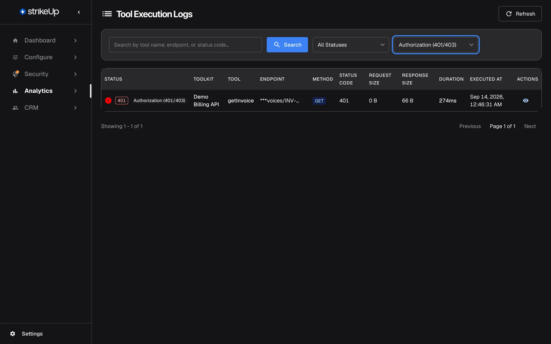 The Tool runs page with the highlighted failure-kind filter set to "Authorization (401/403)". One run remains: getInvoice on the Demo Billing API, answered with HTTP 401 while an autonomous agent checked an overdue invoice. Authorization failures usually mean the toolkit's credentials or the customer's authorization need attention, not the AI.