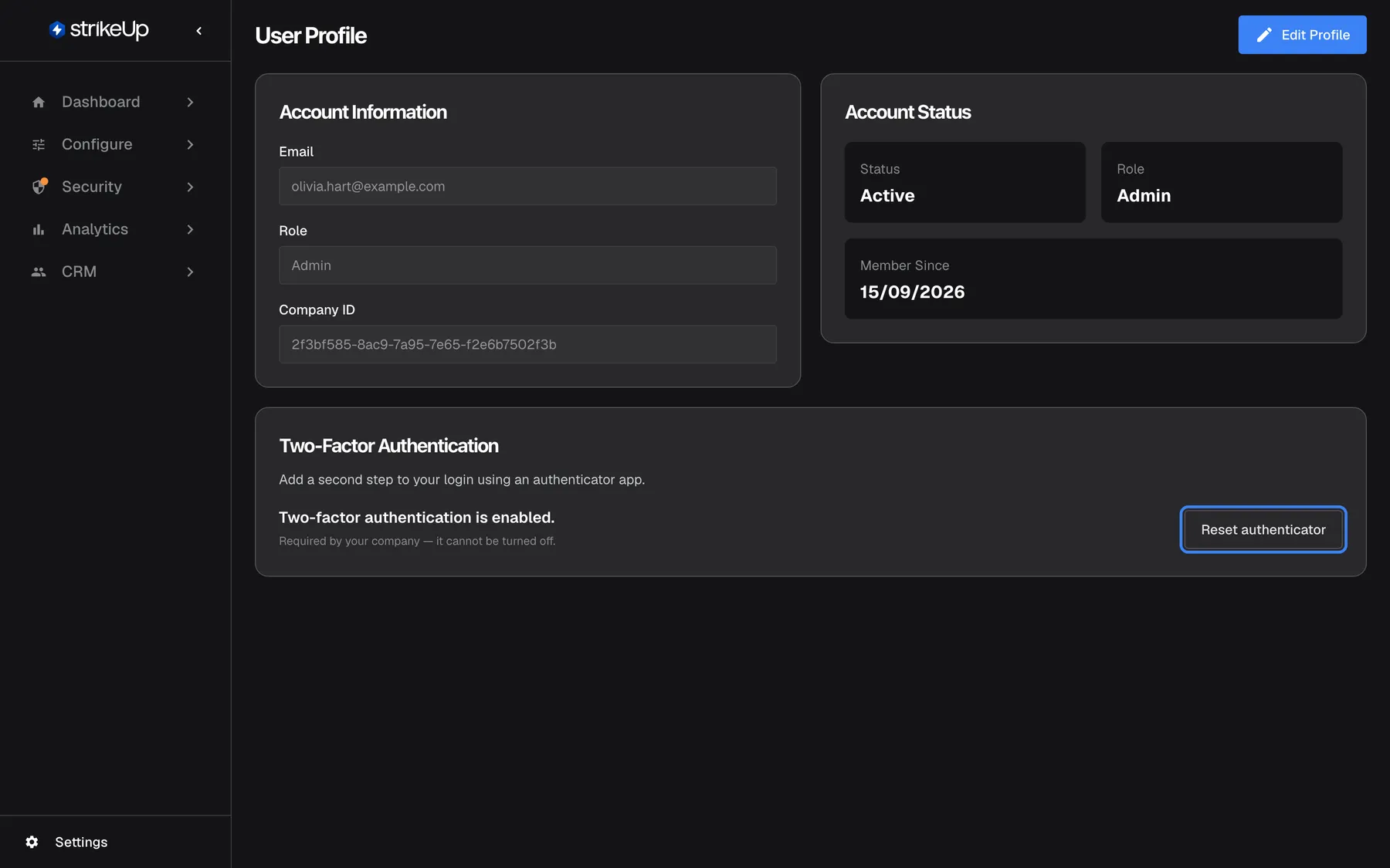 The Two-Factor Authentication card on the User Profile page, described as "Add a second step to your login using an authenticator app." It states "Two-factor authentication is enabled." and, in small grey text, "Required by your company — it cannot be turned off." On the right, the "Reset authenticator" button is highlighted; it lets you move two-factor sign-in to a new authenticator app.