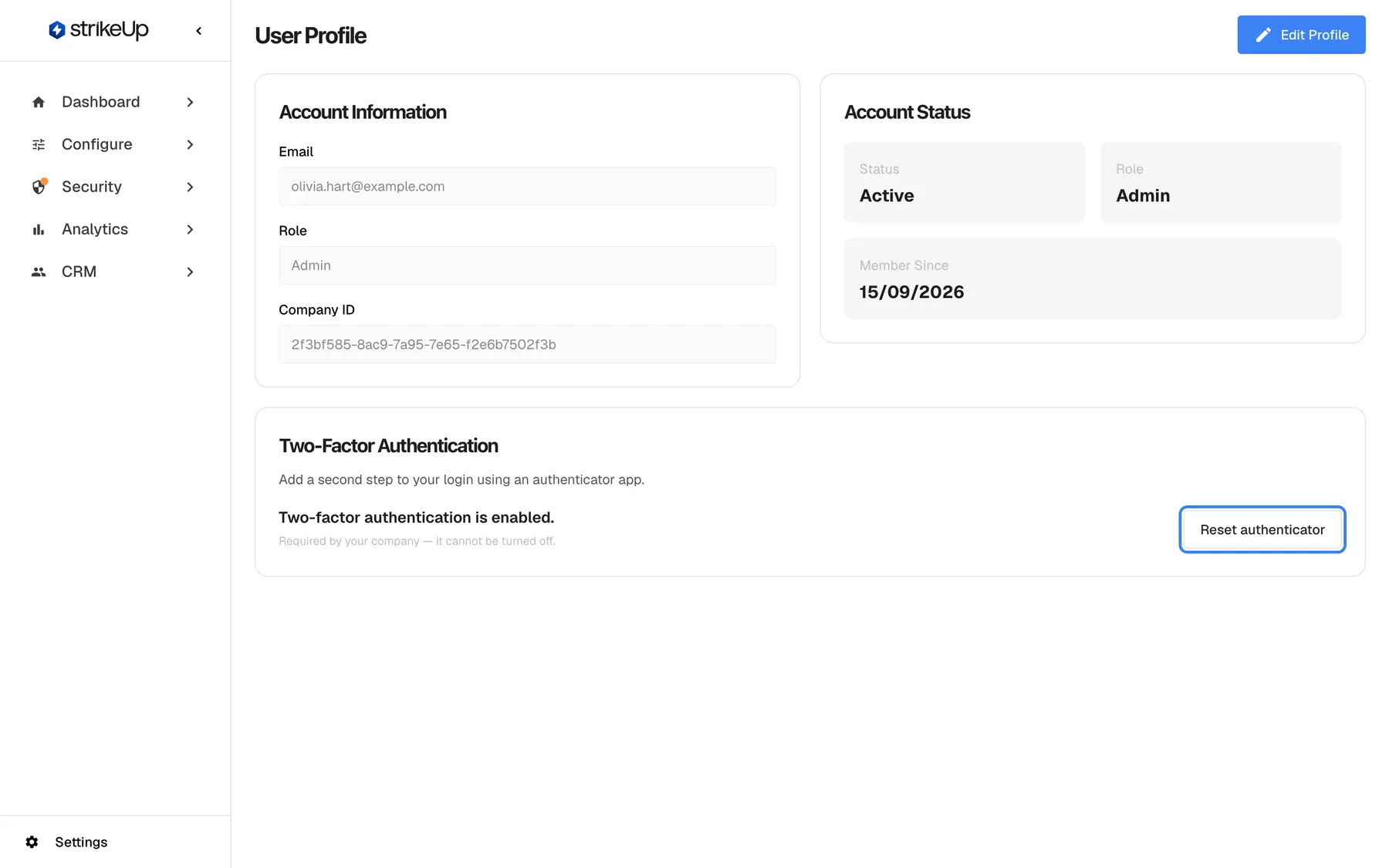 The Two-Factor Authentication card on the User Profile page, described as "Add a second step to your login using an authenticator app." It states "Two-factor authentication is enabled." and, in small grey text, "Required by your company — it cannot be turned off." On the right, the "Reset authenticator" button is highlighted; it lets you move two-factor sign-in to a new authenticator app.