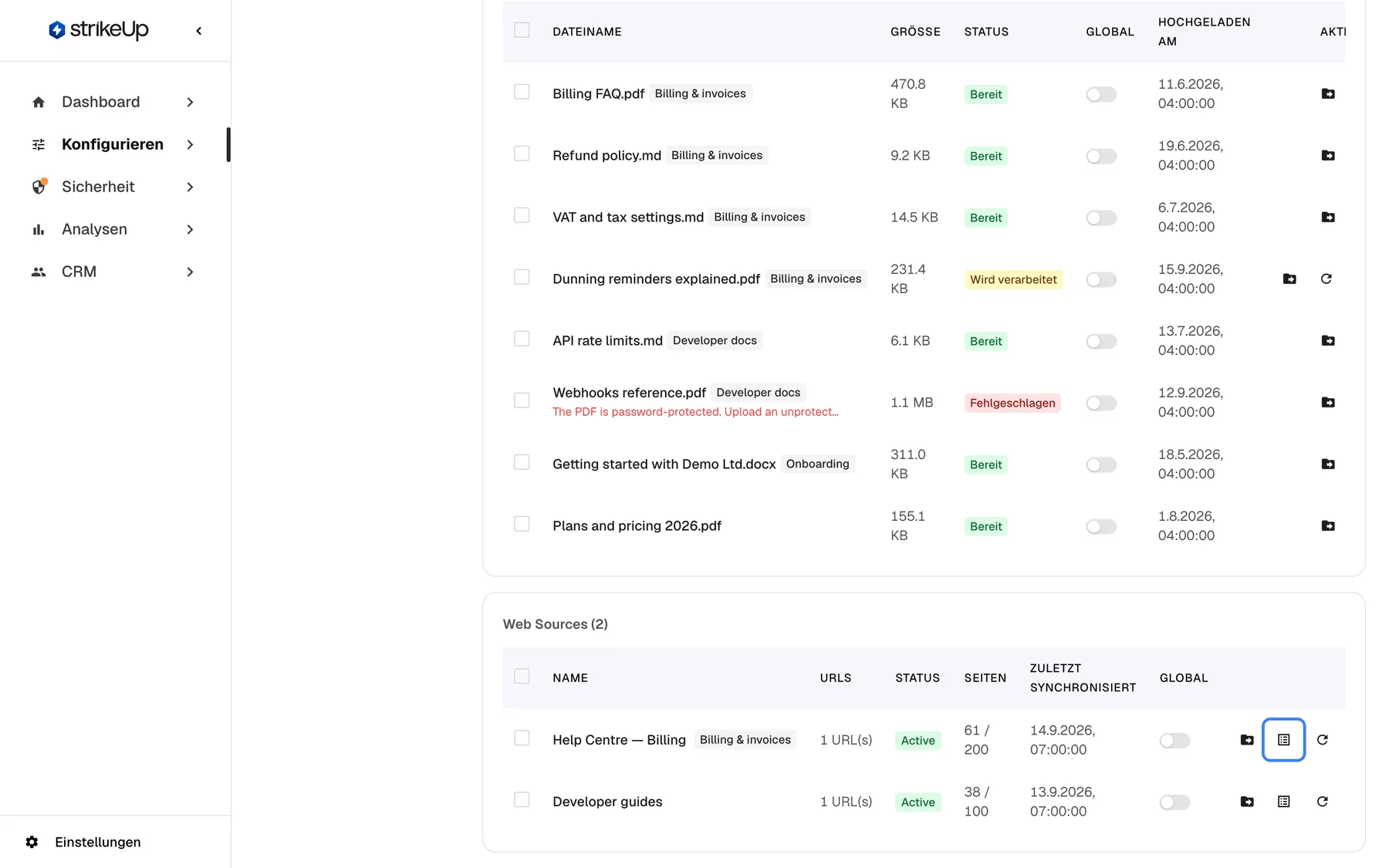 Die Tabelle „Web Sources (2)“ unten auf der Seite Wissensdatenbank (Titel und Status auf Englisch). „Help Centre — Billing“ (Ordner Billing & invoices) und „Developer guides“ haben je 1 URL und den Status „Active“; Seiten zeigt 61 / 200 und 38 / 100, zuletzt synchronisiert am 14.9.2026 und 13.9.2026. In der ersten Zeile ist das Symbol „Seiten anzeigen“ zwischen den Symbolen zum Verschieben und „Jetzt synchronisieren“ hervorgehoben; es listet jede gecrawlte Seite mit ihrem Ergebnis. Weitere Aktionen sind in der deutschen Ansicht rechts abgeschnitten.