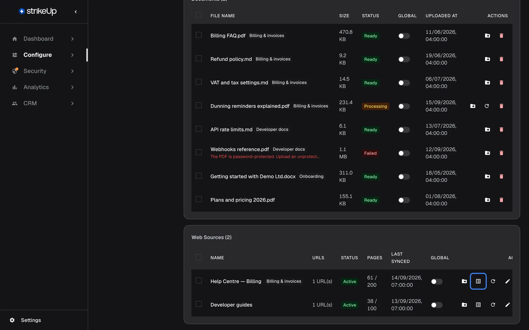 The "Web Sources (2)" table at the bottom of the Knowledge Base page. "Help Centre — Billing" (folder Billing & invoices) and "Developer guides" each have 1 URL and the status "Active"; Pages shows 61 / 200 and 38 / 100, last synced on 14/09/2026 and 13/09/2026. In the first row the "View Pages" icon button is highlighted, next to the move, "Sync Now" and "Edit" icons; it lists every crawled page with its result.