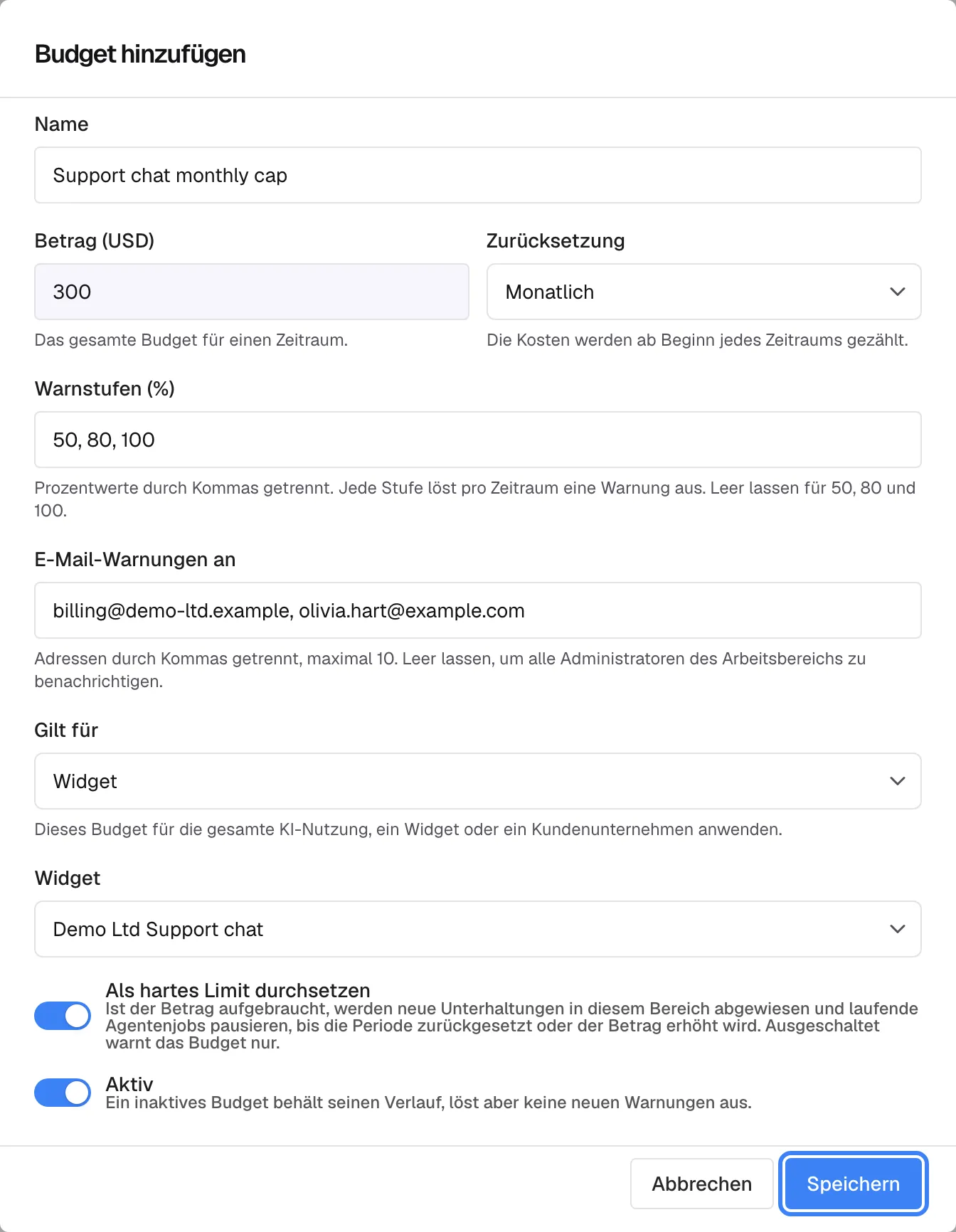 Der Dialog „Budget hinzufügen“, ausgefüllt: Name „Support chat monthly cap“, Betrag (USD) 300, Zurücksetzung „Monatlich“, Warnstufen (%) „50, 80, 100“, E-Mail-Warnungen an „billing@demo-ltd.example, olivia.hart@example.com“, Gilt für „Widget“ mit dem Widget „Demo Ltd Support chat“. Der Schalter „Als hartes Limit durchsetzen“ ist an, daher werden nach $300 Kosten im Monat neue Gespräche in diesem Widget abgelehnt; „Aktiv“ ist ebenfalls an. Die Schaltfläche „Speichern“ unten rechts ist hervorgehoben.