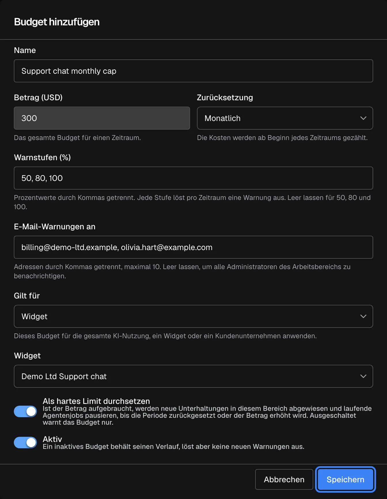 Der Dialog „Budget hinzufügen“, ausgefüllt: Name „Support chat monthly cap“, Betrag (USD) 300, Zurücksetzung „Monatlich“, Warnstufen (%) „50, 80, 100“, E-Mail-Warnungen an „billing@demo-ltd.example, olivia.hart@example.com“, Gilt für „Widget“ mit dem Widget „Demo Ltd Support chat“. Der Schalter „Als hartes Limit durchsetzen“ ist an, daher werden nach $300 Kosten im Monat neue Gespräche in diesem Widget abgelehnt; „Aktiv“ ist ebenfalls an. Die Schaltfläche „Speichern“ unten rechts ist hervorgehoben.