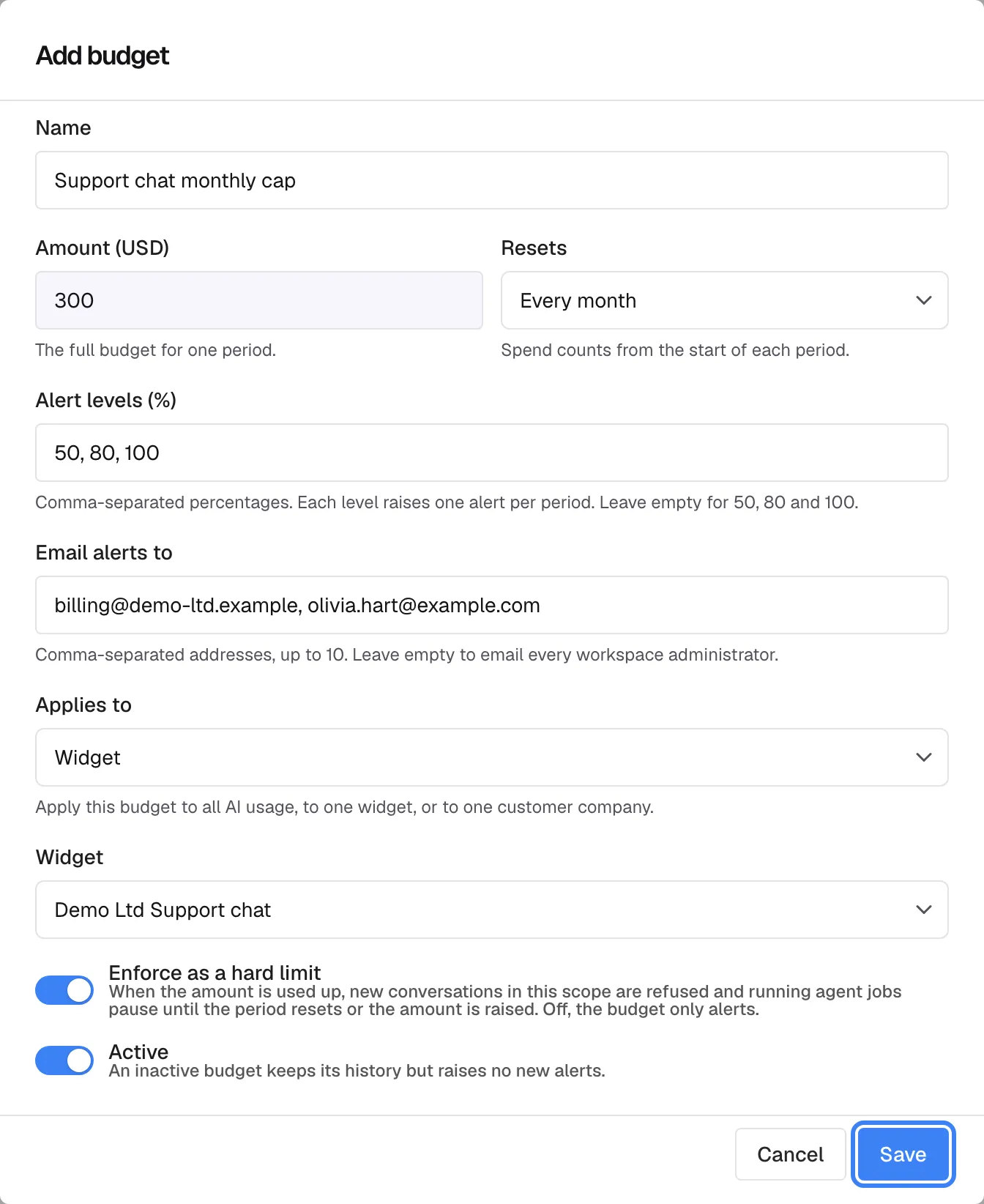 The "Add budget" dialog filled in: Name "Support chat monthly cap", Amount (USD) 300, Resets "Every month", Alert levels (%) "50, 80, 100", Email alerts to "billing@demo-ltd.example, olivia.hart@example.com", Applies to "Widget" with the widget "Demo Ltd Support chat". The switch "Enforce as a hard limit" is on, so once $300 is spent in a month new conversations in that widget are refused, and "Active" is on. The "Save" button at the bottom right is highlighted.