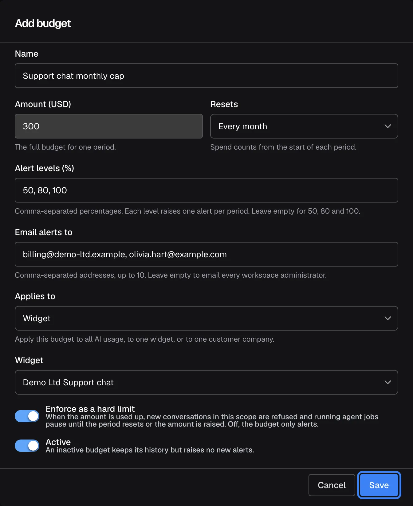 The "Add budget" dialog filled in: Name "Support chat monthly cap", Amount (USD) 300, Resets "Every month", Alert levels (%) "50, 80, 100", Email alerts to "billing@demo-ltd.example, olivia.hart@example.com", Applies to "Widget" with the widget "Demo Ltd Support chat". The switch "Enforce as a hard limit" is on, so once $300 is spent in a month new conversations in that widget are refused, and "Active" is on. The "Save" button at the bottom right is highlighted.