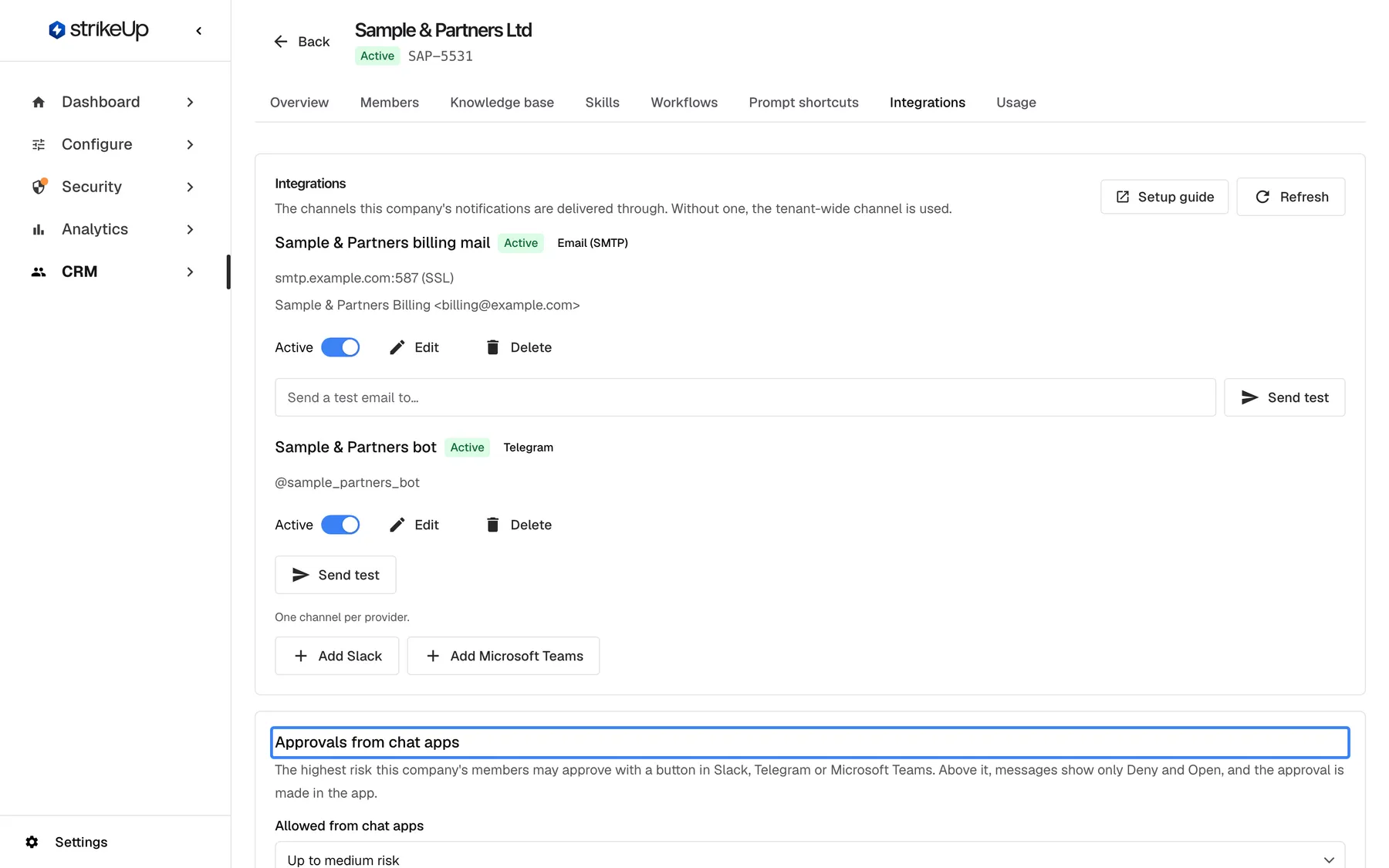 The lower part of the Integrations tab of "Sample & Partners Ltd". Below the channels and the buttons "Add Slack" and "Add Microsoft Teams" is the highlighted card "Approvals from chat apps": "The highest risk this company's members may approve with a button in Slack, Telegram or Microsoft Teams. Above it, messages show only Deny and Open, and the approval is made in the app." The list "Allowed from chat apps" reads "Up to medium risk"; the other choices are "Everything (default)", "Low risk only" and "Deny only". A change saves at once.