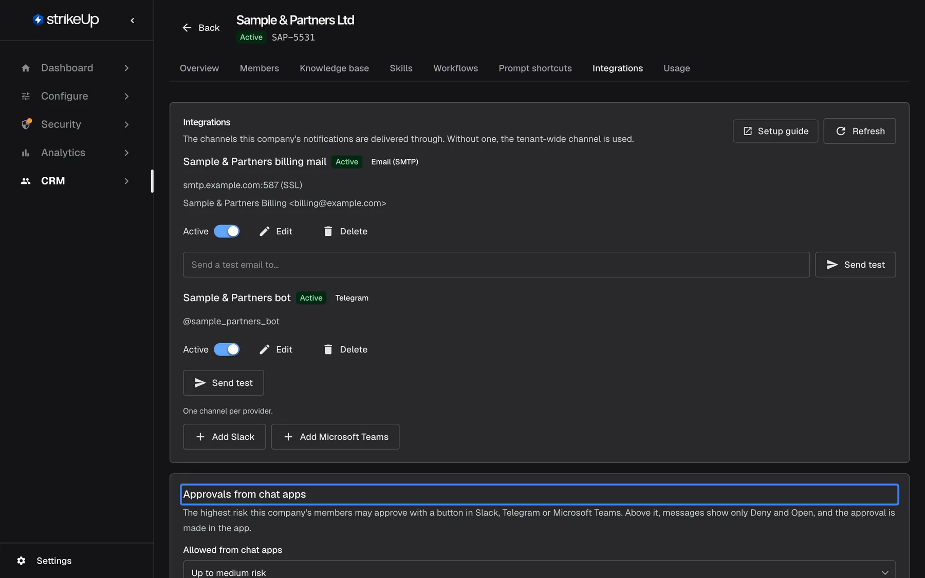 The lower part of the Integrations tab of "Sample & Partners Ltd". Below the channels and the buttons "Add Slack" and "Add Microsoft Teams" is the highlighted card "Approvals from chat apps": "The highest risk this company's members may approve with a button in Slack, Telegram or Microsoft Teams. Above it, messages show only Deny and Open, and the approval is made in the app." The list "Allowed from chat apps" reads "Up to medium risk"; the other choices are "Everything (default)", "Low risk only" and "Deny only". A change saves at once.