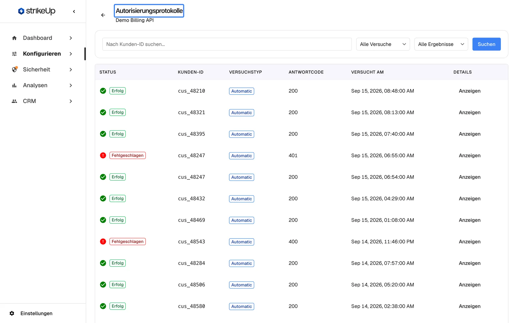Die hervorgehobene Seite "Autorisierungsprotokolle" für das Toolkit "Demo Billing API" mit dem Suchfeld "Nach Kunden-ID suchen...", den Filtern "Alle Versuche" und "Alle Ergebnisse" und der Schaltfläche Suchen. Die Tabelle listet automatische Token-Abrufe, neueste zuerst, mit Status, Kunden-ID, Versuchstyp, Antwortcode, Versucht am und Details: meist "Erfolg" mit Antwort 200 für Kunden wie cus_48210 und cus_48321 sowie "Fehlgeschlagen" für cus_48247 (401) und cus_48543 (400), jeweils mit "Anzeigen".