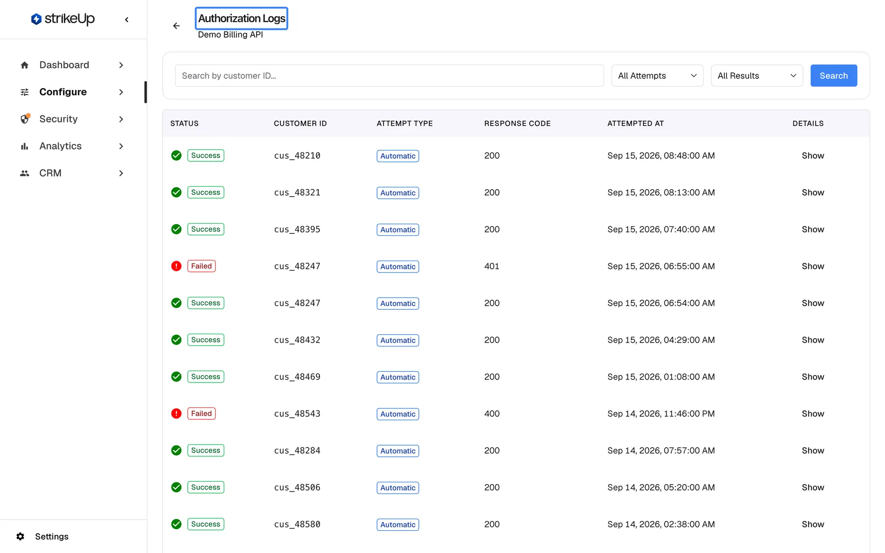 The highlighted "Authorization Logs" page for the toolkit "Demo Billing API", with a search box "Search by customer ID...", the filters "All Attempts" and "All Results" and a Search button. The table lists automatic token fetches newest first with Status, Customer ID, Attempt Type, Response Code, Attempted At and Details: mostly "Success" with response 200 for customers such as cus_48210 and cus_48321, and "Failed" rows for cus_48247 (401) and cus_48543 (400), each with "Show".