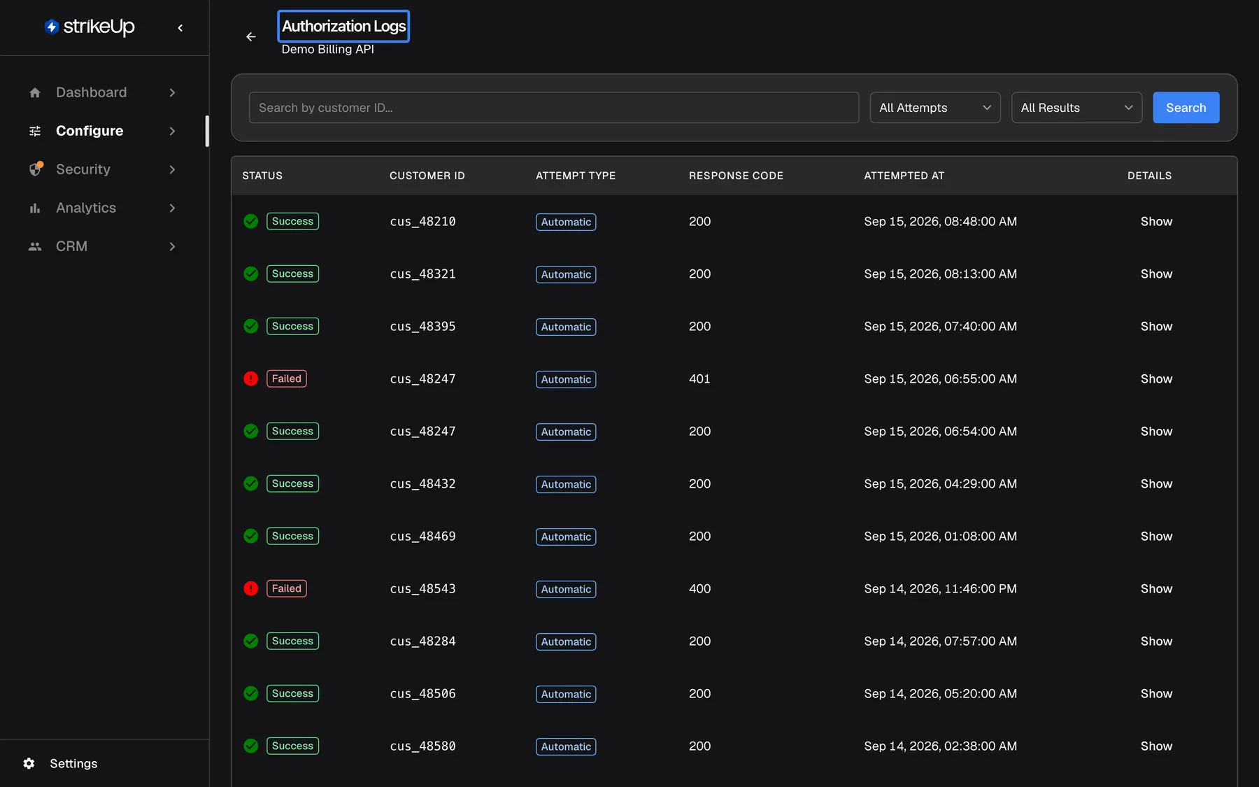 The highlighted "Authorization Logs" page for the toolkit "Demo Billing API", with a search box "Search by customer ID...", the filters "All Attempts" and "All Results" and a Search button. The table lists automatic token fetches newest first with Status, Customer ID, Attempt Type, Response Code, Attempted At and Details: mostly "Success" with response 200 for customers such as cus_48210 and cus_48321, and "Failed" rows for cus_48247 (401) and cus_48543 (400), each with "Show".