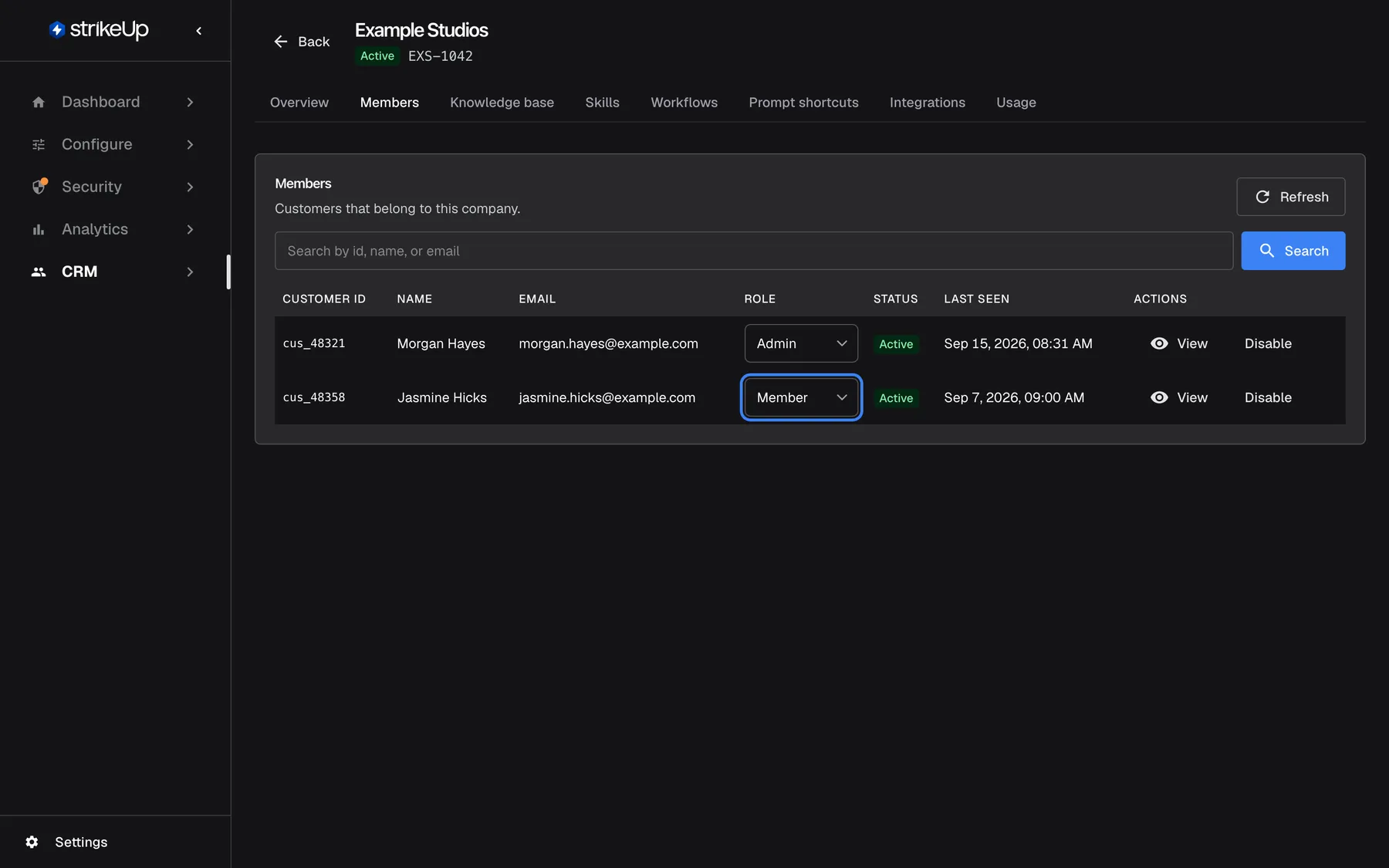 Step 4: the Members tab of "Example Studios" after the import. It lists Morgan Hayes (cus_48321, role Admin, Active) and Jasmine Hicks (cus_48358, Active). The Role selector in Jasmine Hicks' row, showing "Member", is highlighted. Changing a role here saves at once; Disable at the end of each row blocks a member's sign-in.