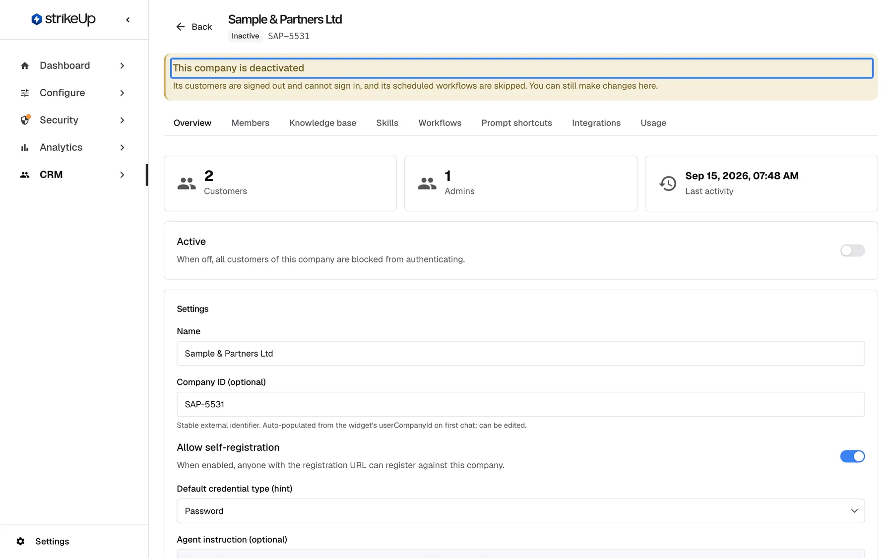 The detail page of "Sample & Partners Ltd" after the company was deactivated: the header badge reads "Inactive", and a yellow banner with the highlighted title "This company is deactivated" says its customers are signed out and cannot sign in, that its scheduled workflows are skipped, and that changes can still be made here. On the Overview tab the "Active" switch is off; the Customers and Admins counts (2 and 1) are unchanged.