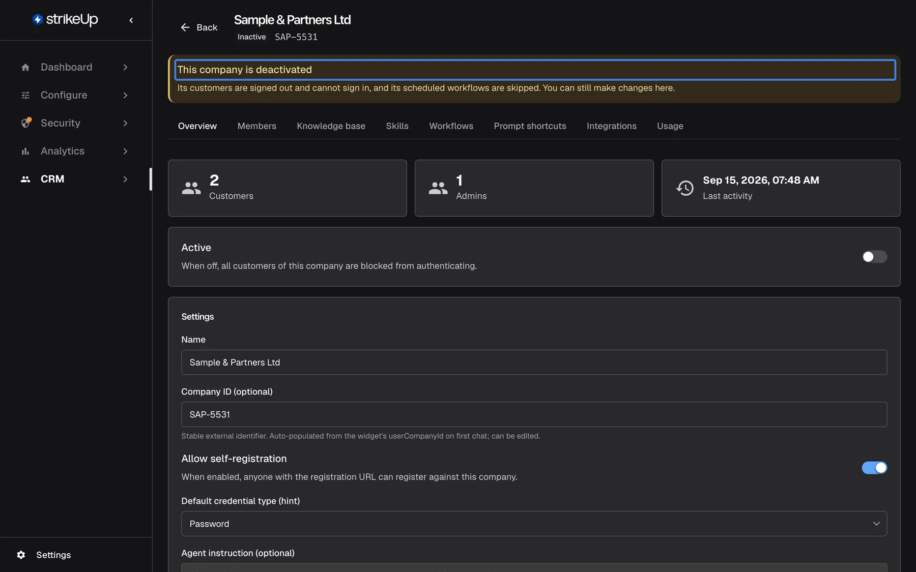 The detail page of "Sample & Partners Ltd" after the company was deactivated: the header badge reads "Inactive", and a yellow banner with the highlighted title "This company is deactivated" says its customers are signed out and cannot sign in, that its scheduled workflows are skipped, and that changes can still be made here. On the Overview tab the "Active" switch is off; the Customers and Admins counts (2 and 1) are unchanged.