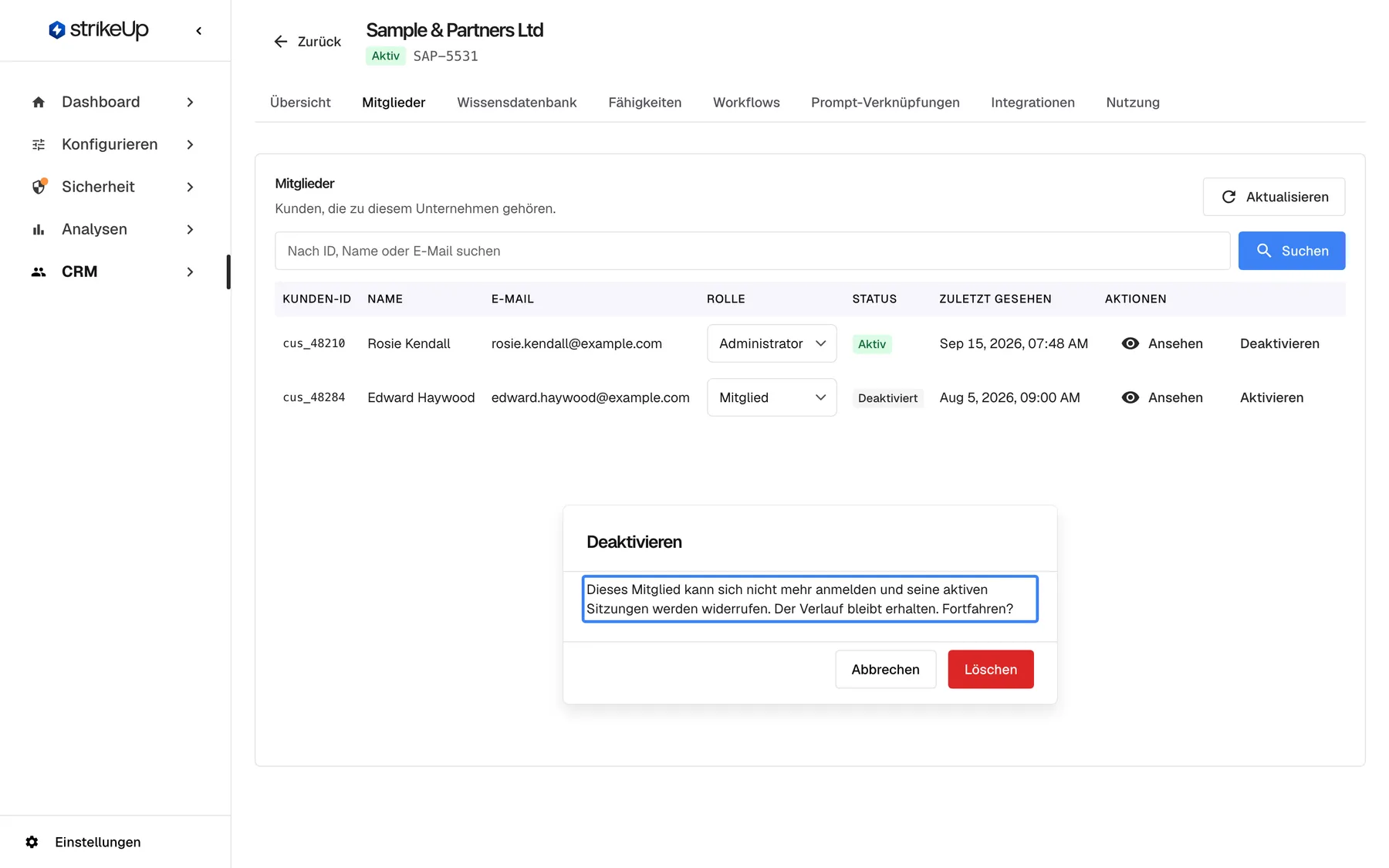 Die Registerkarte „Mitglieder“ von „Sample & Partners Ltd“, nachdem für Rosie Kendall „Deaktivieren“ gewählt wurde. Ein Dialog unter der Tabelle mit dem Titel „Deaktivieren“ zeigt die hervorgehobene Warnung „Dieses Mitglied kann sich nicht mehr anmelden und seine aktiven Sitzungen werden widerrufen. Der Verlauf bleibt erhalten. Fortfahren?“. Die Schaltflächen sind „Abbrechen“ und ein rotes „Löschen“. Da Rosie Kendall die letzte aktive Administratorin ist, würde der Server dies ablehnen.