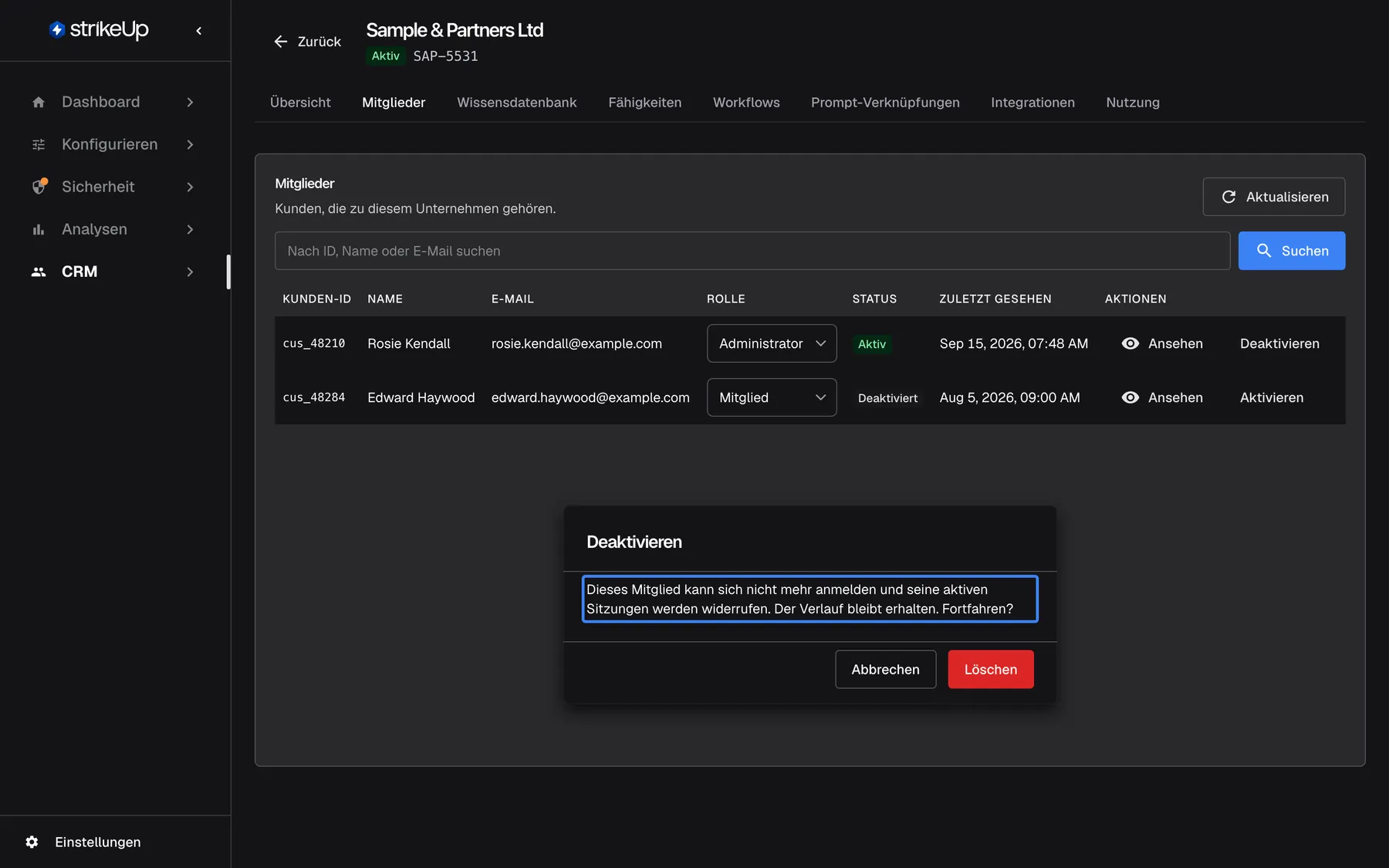 Die Registerkarte „Mitglieder“ von „Sample & Partners Ltd“, nachdem für Rosie Kendall „Deaktivieren“ gewählt wurde. Ein Dialog unter der Tabelle mit dem Titel „Deaktivieren“ zeigt die hervorgehobene Warnung „Dieses Mitglied kann sich nicht mehr anmelden und seine aktiven Sitzungen werden widerrufen. Der Verlauf bleibt erhalten. Fortfahren?“. Die Schaltflächen sind „Abbrechen“ und ein rotes „Löschen“. Da Rosie Kendall die letzte aktive Administratorin ist, würde der Server dies ablehnen.