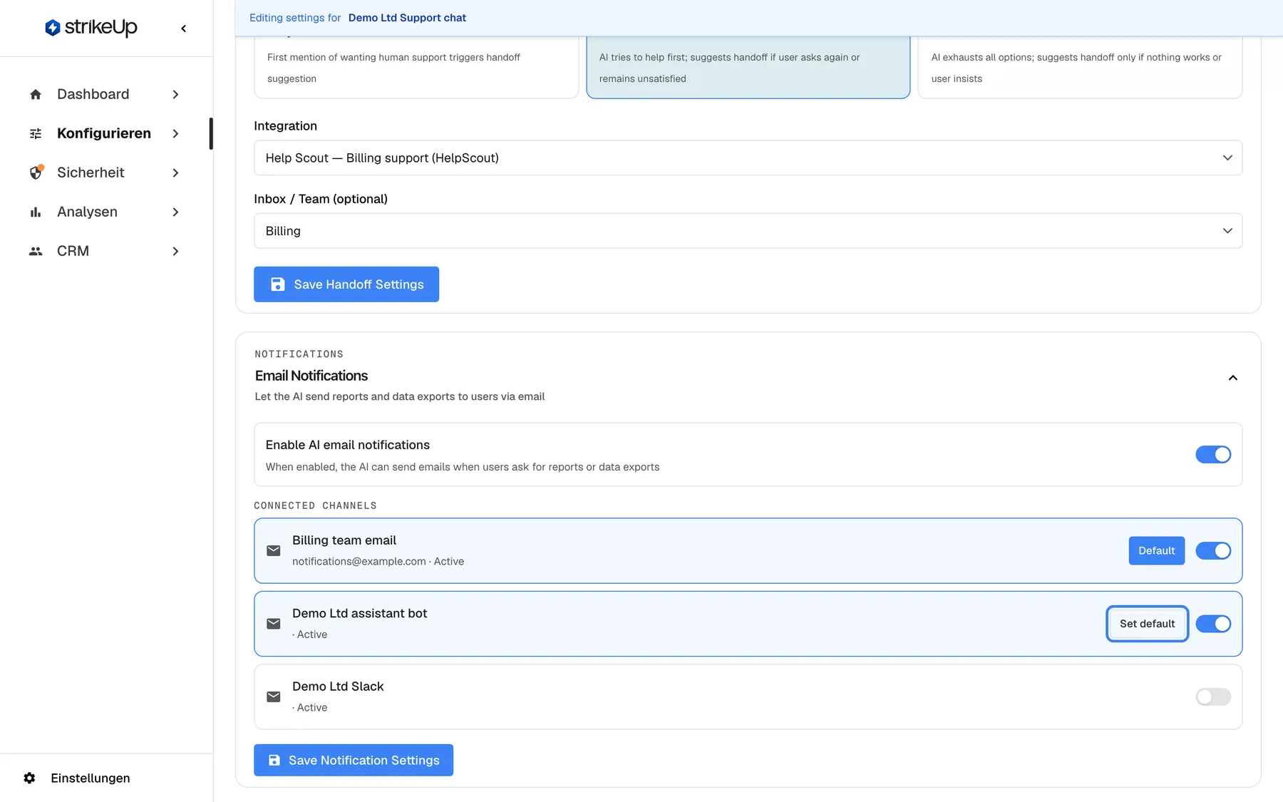 Der Abschnitt Email Notifications der Seite AI & UX, auf Englisch. Der Schalter "Enable AI email notifications" ist eingeschaltet; laut Hinweis kann die KI dann E-Mails senden, wenn Nutzer Berichte oder Datenexporte anfordern. Unter Connected channels ist "Billing team email" (notifications@example.com · Active) verknüpft und als "Default" markiert; der Telegram-Kanal "Demo Ltd assistant bot" (Active) ist ebenfalls verknüpft, und die hervorgehobene Schaltfläche "Set default" würde ihn zum Standard machen; "Demo Ltd Slack" steht in der Liste, ist aber nicht verknüpft. "Save Notification Settings" speichert die Auswahl.