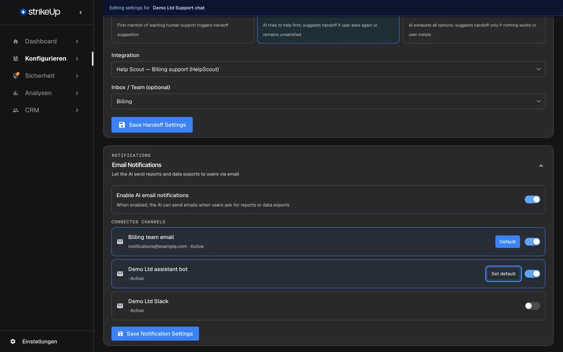 Der Abschnitt Email Notifications der Seite AI & UX, auf Englisch. Der Schalter "Enable AI email notifications" ist eingeschaltet; laut Hinweis kann die KI dann E-Mails senden, wenn Nutzer Berichte oder Datenexporte anfordern. Unter Connected channels ist "Billing team email" (notifications@example.com · Active) verknüpft und als "Default" markiert; der Telegram-Kanal "Demo Ltd assistant bot" (Active) ist ebenfalls verknüpft, und die hervorgehobene Schaltfläche "Set default" würde ihn zum Standard machen; "Demo Ltd Slack" steht in der Liste, ist aber nicht verknüpft. "Save Notification Settings" speichert die Auswahl.