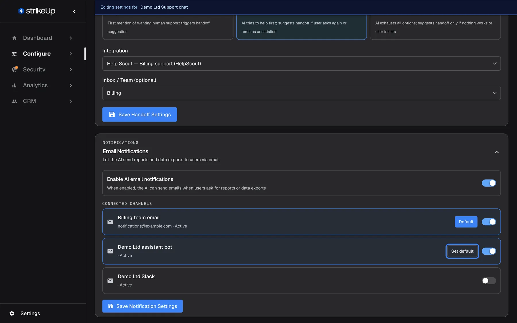 The Email Notifications section of the AI & UX page ("Let the AI send reports and data exports to users via email"). The switch "Enable AI email notifications" is on, with the hint "When enabled, the AI can send emails when users ask for reports or data exports". Under Connected channels, "Billing team email" (notifications@example.com · Active) is linked and marked "Default"; the Telegram channel "Demo Ltd assistant bot" (Active) is linked too, and its highlighted "Set default" button would make it the default; "Demo Ltd Slack" is listed but not linked. "Save Notification Settings" stores the choices.