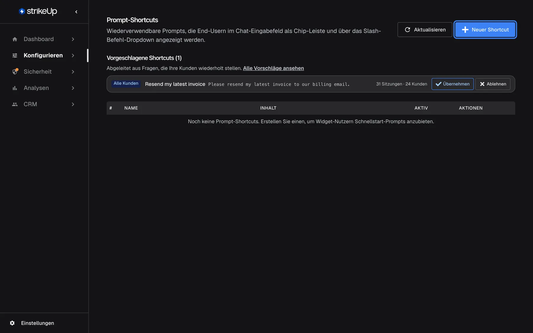 Die Seite Prompt-Shortcuts, bevor ein Shortcut existiert. Der Tabellenbereich zeigt "Noch keine Prompt-Shortcuts. Erstellen Sie einen, um Widget-Nutzern Schnellstart-Prompts anzubieten." Die Leiste "Vorgeschlagene Shortcuts (1)" mit "Resend my latest invoice", "Übernehmen" und "Ablehnen" bleibt darüber sichtbar, weil Vorschläge aus Kundengesprächen stammen. Oben rechts stehen "Aktualisieren" und die hervorgehobene Schaltfläche "Neuer Shortcut", die den Dialog für den ersten Shortcut öffnet.