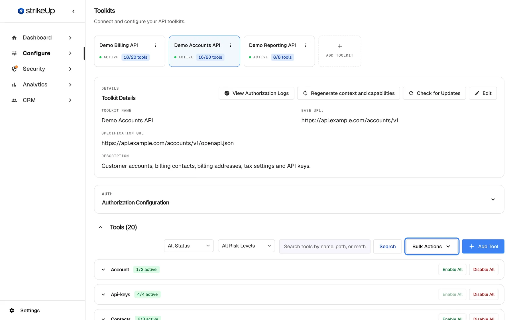 Step 3, the Toolkits page with "Demo Accounts API" selected, scrolled to its tool list. Above it are the "Toolkit Details" and the collapsed "Authorization Configuration". The heading "Tools (20)" sits over filters for status and risk level, a search field, the highlighted "Bulk Actions" menu and "Add Tool". Tools are grouped by resource, such as "Account" with "1/2 active" and "Api-keys" with "4/4 active", each with "Enable All" and "Disable All". "Bulk Actions" switches many tools on or off at once, for example all low-risk tools.