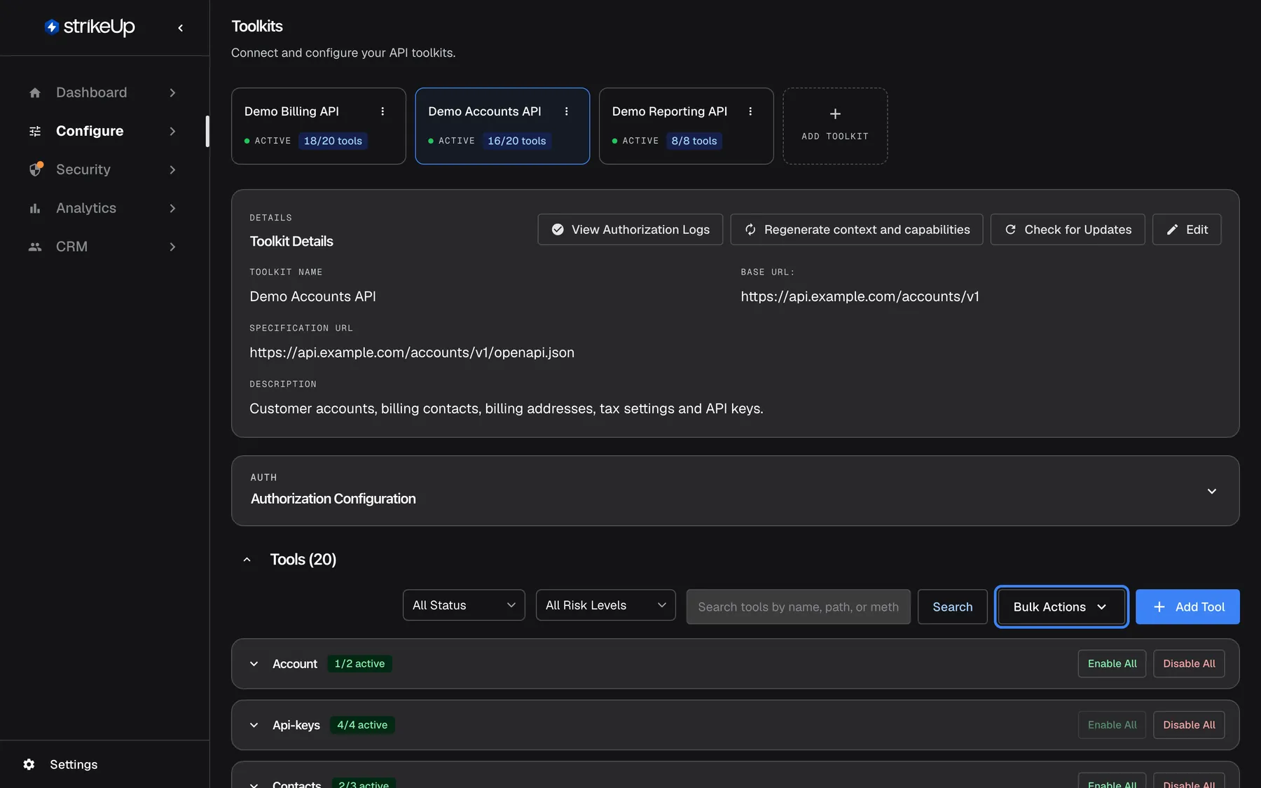 Step 3, the Toolkits page with "Demo Accounts API" selected, scrolled to its tool list. Above it are the "Toolkit Details" and the collapsed "Authorization Configuration". The heading "Tools (20)" sits over filters for status and risk level, a search field, the highlighted "Bulk Actions" menu and "Add Tool". Tools are grouped by resource, such as "Account" with "1/2 active" and "Api-keys" with "4/4 active", each with "Enable All" and "Disable All". "Bulk Actions" switches many tools on or off at once, for example all low-risk tools.