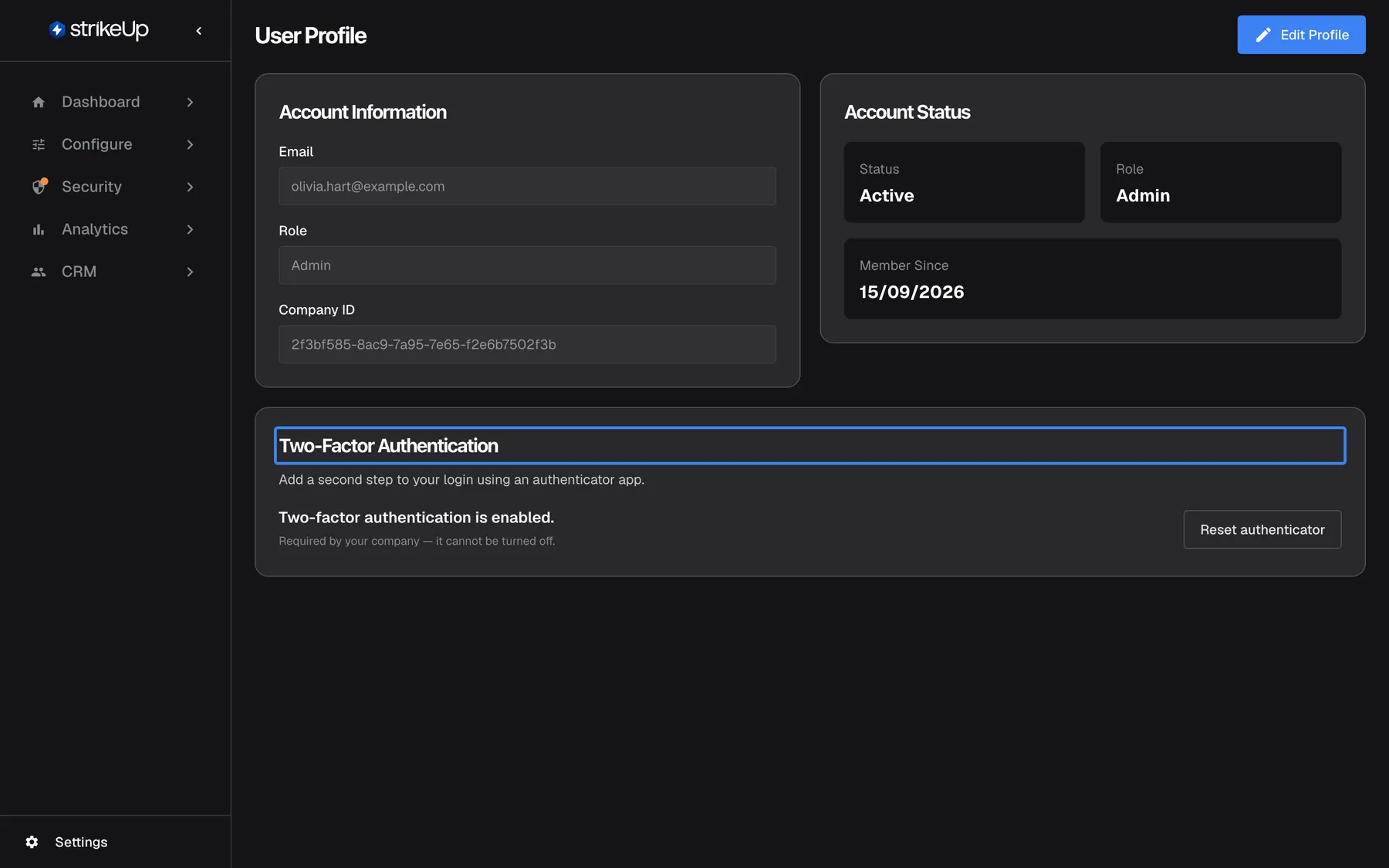 Step 4 on the User Profile page of Olivia Hart (olivia.hart@example.com, role Admin). The "Two-Factor Authentication" card at the bottom, its highlighted heading, says "Add a second step to your login using an authenticator app." and the status reads "Two-factor authentication is enabled.", with the note "Required by your company — it cannot be turned off." and a "Reset authenticator" button on the right. Without two-factor authentication the card shows an "Enable 2FA" button instead.