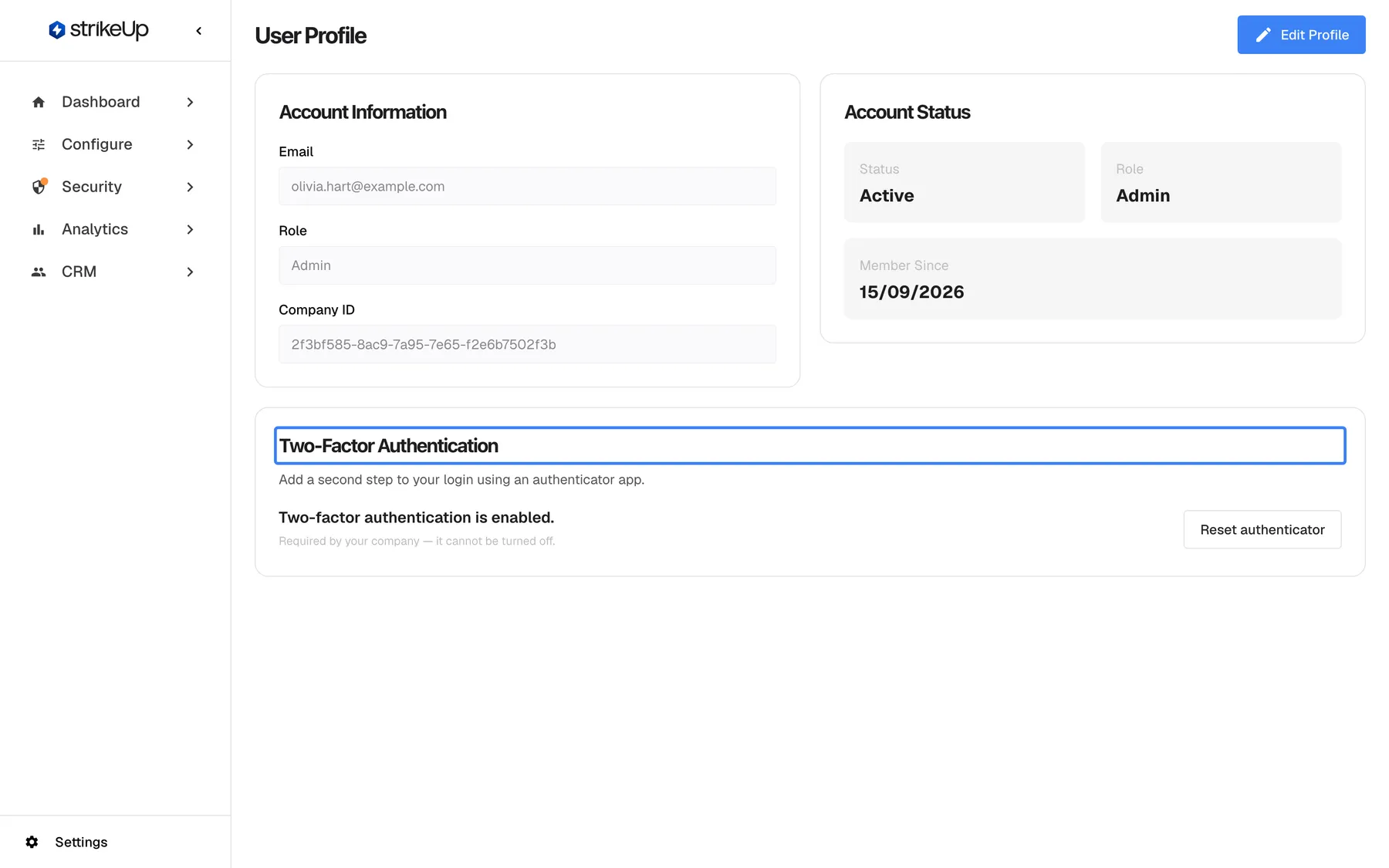 Step 4 on the User Profile page of Olivia Hart (olivia.hart@example.com, role Admin). The "Two-Factor Authentication" card at the bottom, its highlighted heading, says "Add a second step to your login using an authenticator app." and the status reads "Two-factor authentication is enabled.", with the note "Required by your company — it cannot be turned off." and a "Reset authenticator" button on the right. Without two-factor authentication the card shows an "Enable 2FA" button instead.