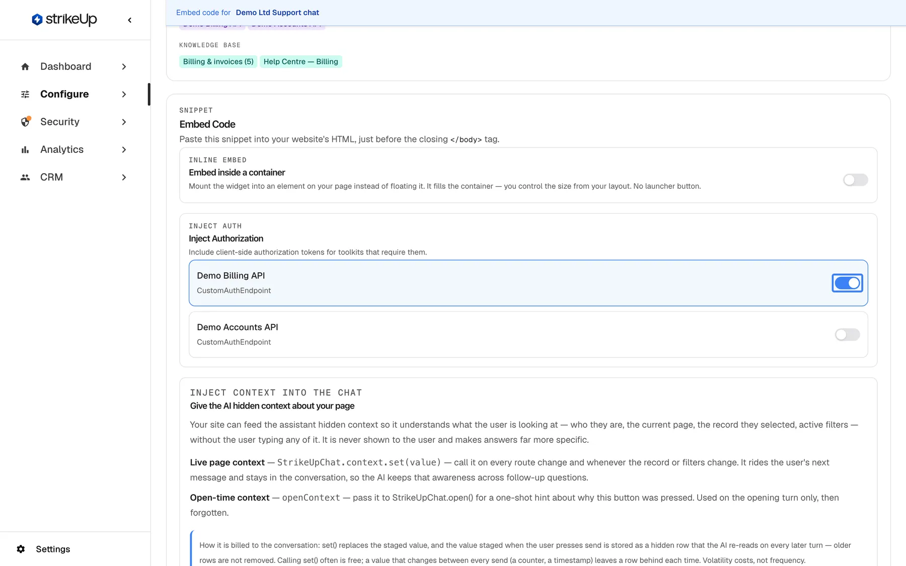 The Embed page between the inline-embed option and the context panel. Under "Inline embed", "Embed inside a container" is switched off. Under "Inject auth", the box "Inject Authorization" ("Include client-side authorization tokens for toolkits that require them.") lists "Demo Billing API" (CustomAuthEndpoint) with its highlighted switch now on and outlined in blue, and "Demo Accounts API" (CustomAuthEndpoint) with its switch off. Turning a toolkit on adds a serverAuthorizations entry with that toolkit's serverId and authData to the embed code; the choice itself is not saved.