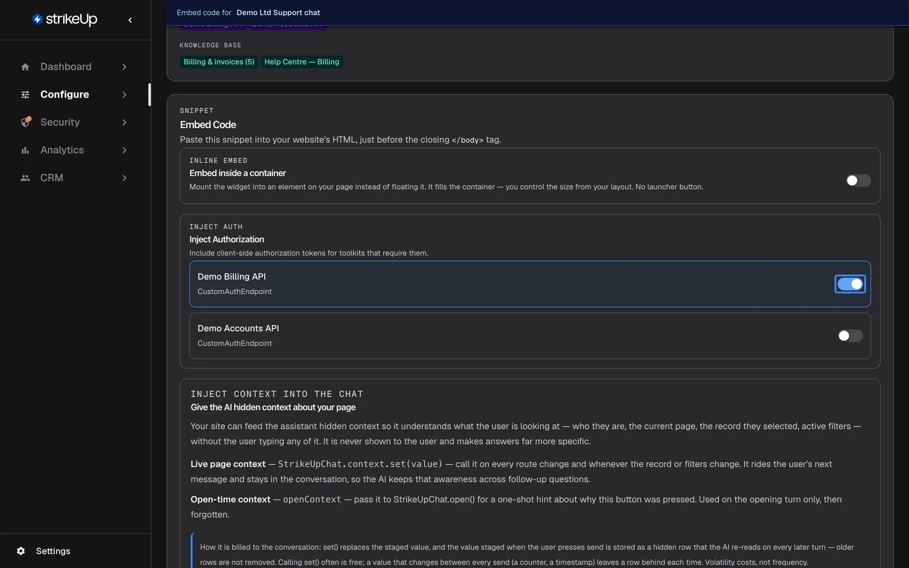 The Embed page between the inline-embed option and the context panel. Under "Inline embed", "Embed inside a container" is switched off. Under "Inject auth", the box "Inject Authorization" ("Include client-side authorization tokens for toolkits that require them.") lists "Demo Billing API" (CustomAuthEndpoint) with its highlighted switch now on and outlined in blue, and "Demo Accounts API" (CustomAuthEndpoint) with its switch off. Turning a toolkit on adds a serverAuthorizations entry with that toolkit's serverId and authData to the embed code; the choice itself is not saved.