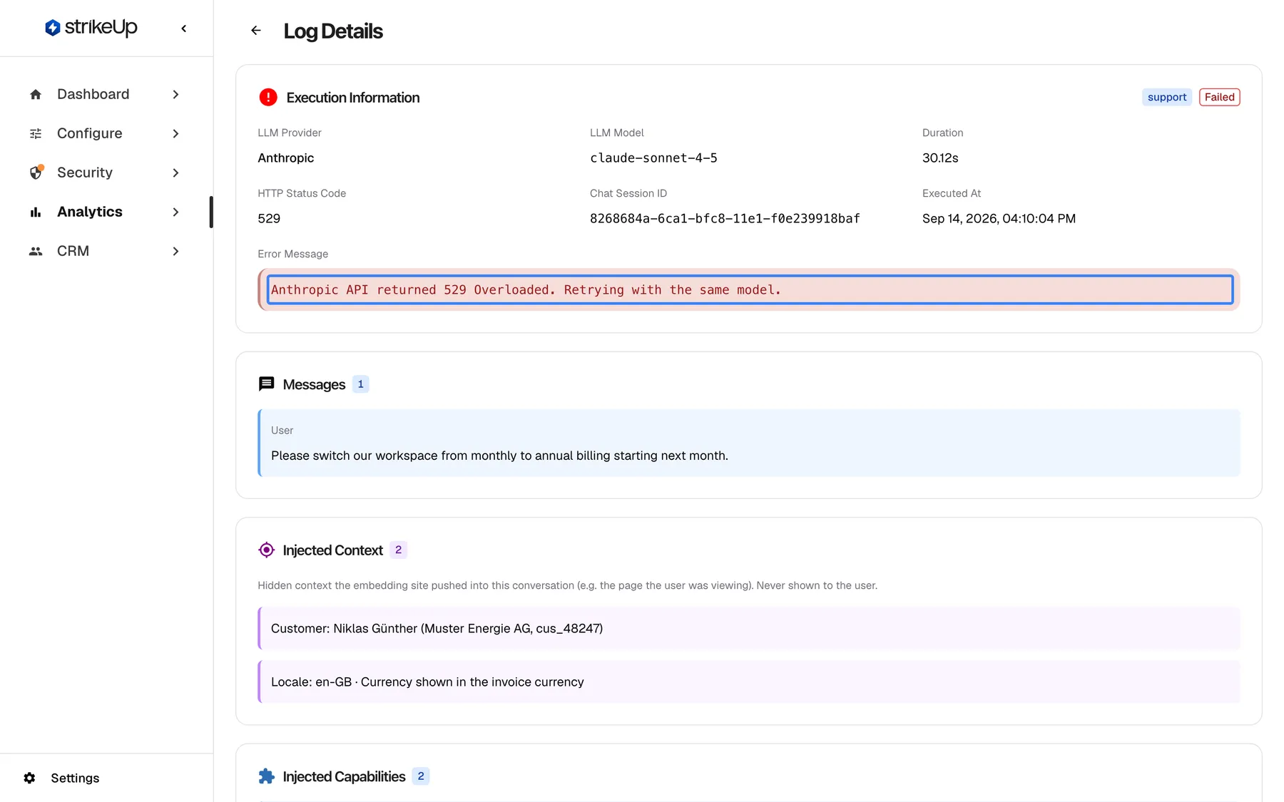The Log Details page of a failed AI action. The "Execution Information" card has a red failed marker and shows "LLM Provider" Anthropic, "LLM Model" claude-sonnet-4-5, a duration of about 30 seconds and "HTTP Status Code" 529. The highlighted error message reads "Anthropic API returned 529 Overloaded. Retrying with the same model." The same conversation turn shows a successful second attempt, so the customer still got an answer.