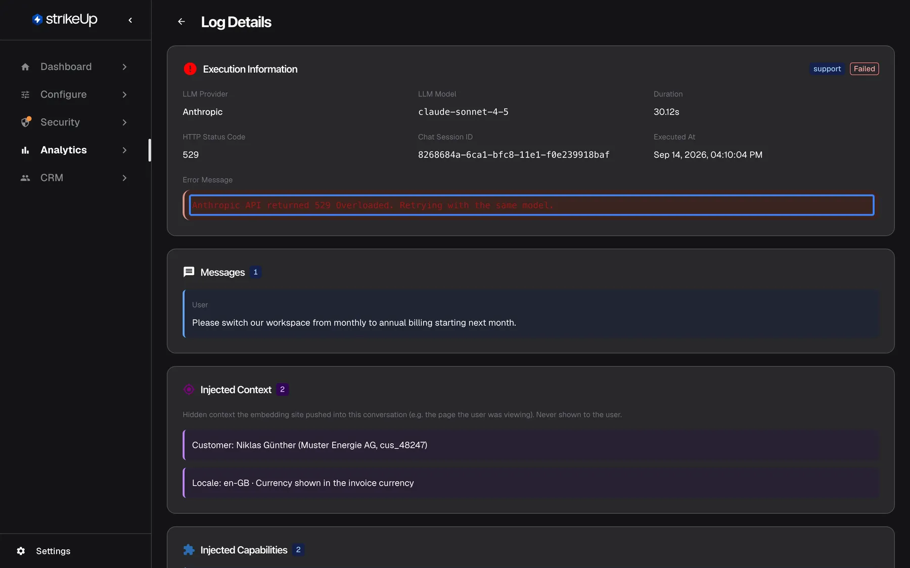 The Log Details page of a failed AI action. The "Execution Information" card has a red failed marker and shows "LLM Provider" Anthropic, "LLM Model" claude-sonnet-4-5, a duration of about 30 seconds and "HTTP Status Code" 529. The highlighted error message reads "Anthropic API returned 529 Overloaded. Retrying with the same model." The same conversation turn shows a successful second attempt, so the customer still got an answer.