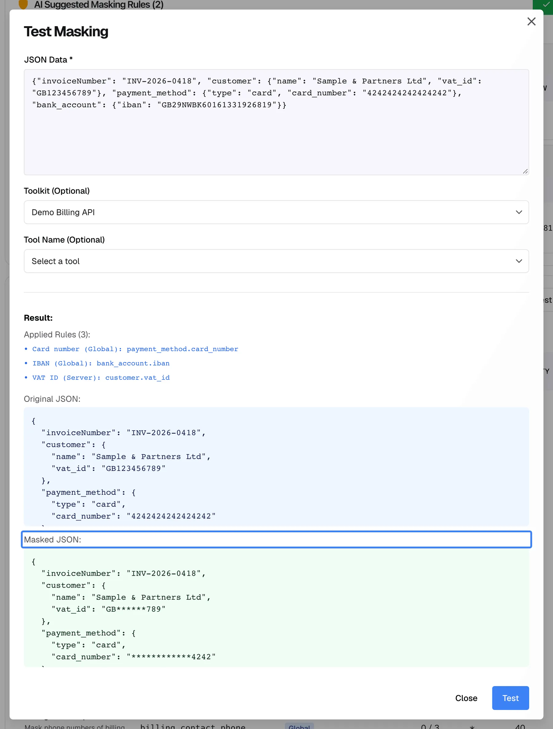 The "Test Masking" dialog after a test run with "Toolkit (Optional)" set to Demo Billing API. Under "Result:" the list "Applied Rules (3):" names Card number (Global), IBAN (Global) and VAT ID (Server). "Original JSON:" shows a sample invoice response for Sample & Partners Ltd with a full VAT ID and card number. The highlighted "Masked JSON:" block shows the same response as the assistant would receive it: VAT ID GB******789 and card number ************4242, with the invoice number unchanged; both blocks scroll to show the IBAN further down. At the bottom are "Close" and "Test".