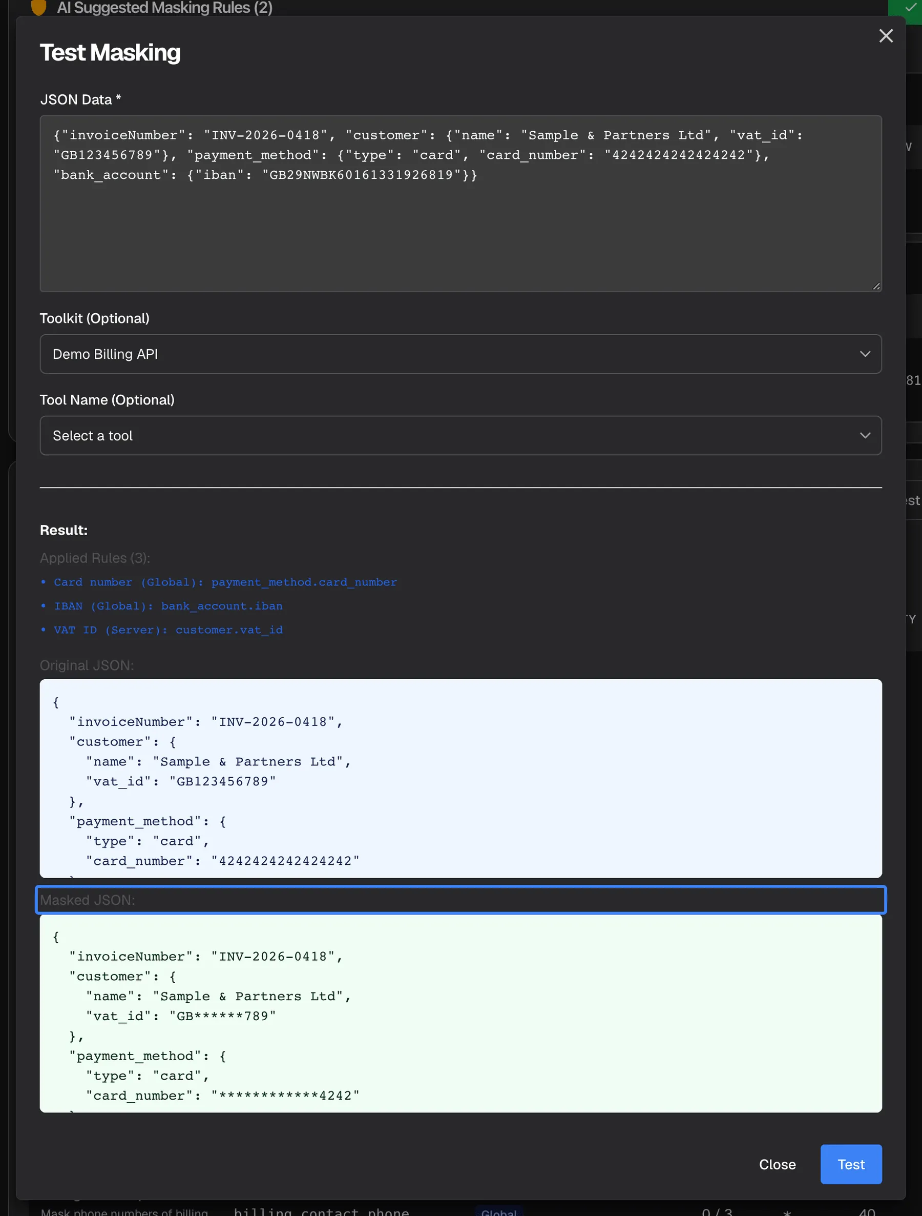 The "Test Masking" dialog after a test run with "Toolkit (Optional)" set to Demo Billing API. Under "Result:" the list "Applied Rules (3):" names Card number (Global), IBAN (Global) and VAT ID (Server). "Original JSON:" shows a sample invoice response for Sample & Partners Ltd with a full VAT ID and card number. The highlighted "Masked JSON:" block shows the same response as the assistant would receive it: VAT ID GB******789 and card number ************4242, with the invoice number unchanged; both blocks scroll to show the IBAN further down. At the bottom are "Close" and "Test".