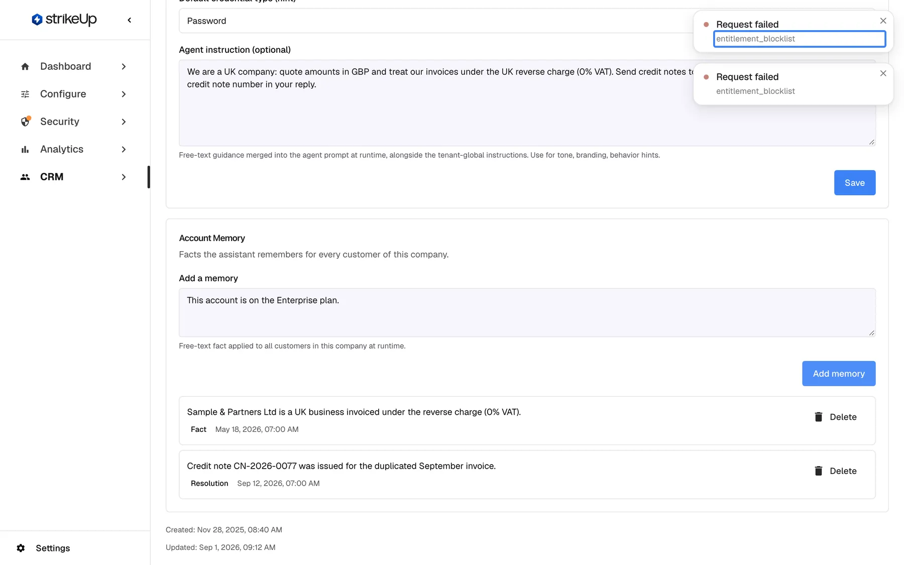 The Account Memory card of "Sample & Partners Ltd" after trying to add "This account is on the Enterprise plan.", the example from the placeholder. Two identical error notices appear at the top right, each titled "Request failed" with the description "entitlement_blocklist"; the first description is highlighted. The text stays in the "Add a memory" box and nothing was added to the list, because notes about plans, tiers or permissions are refused.
