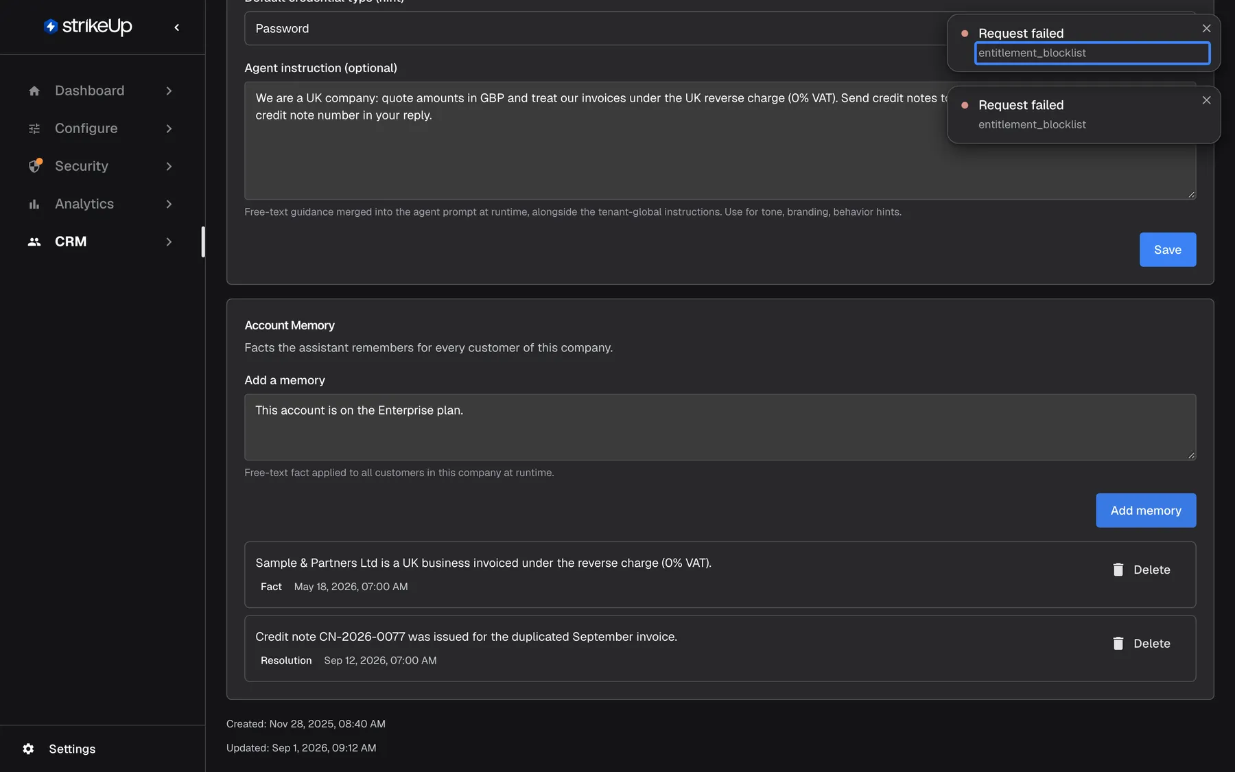 The Account Memory card of "Sample & Partners Ltd" after trying to add "This account is on the Enterprise plan.", the example from the placeholder. Two identical error notices appear at the top right, each titled "Request failed" with the description "entitlement_blocklist"; the first description is highlighted. The text stays in the "Add a memory" box and nothing was added to the list, because notes about plans, tiers or permissions are refused.