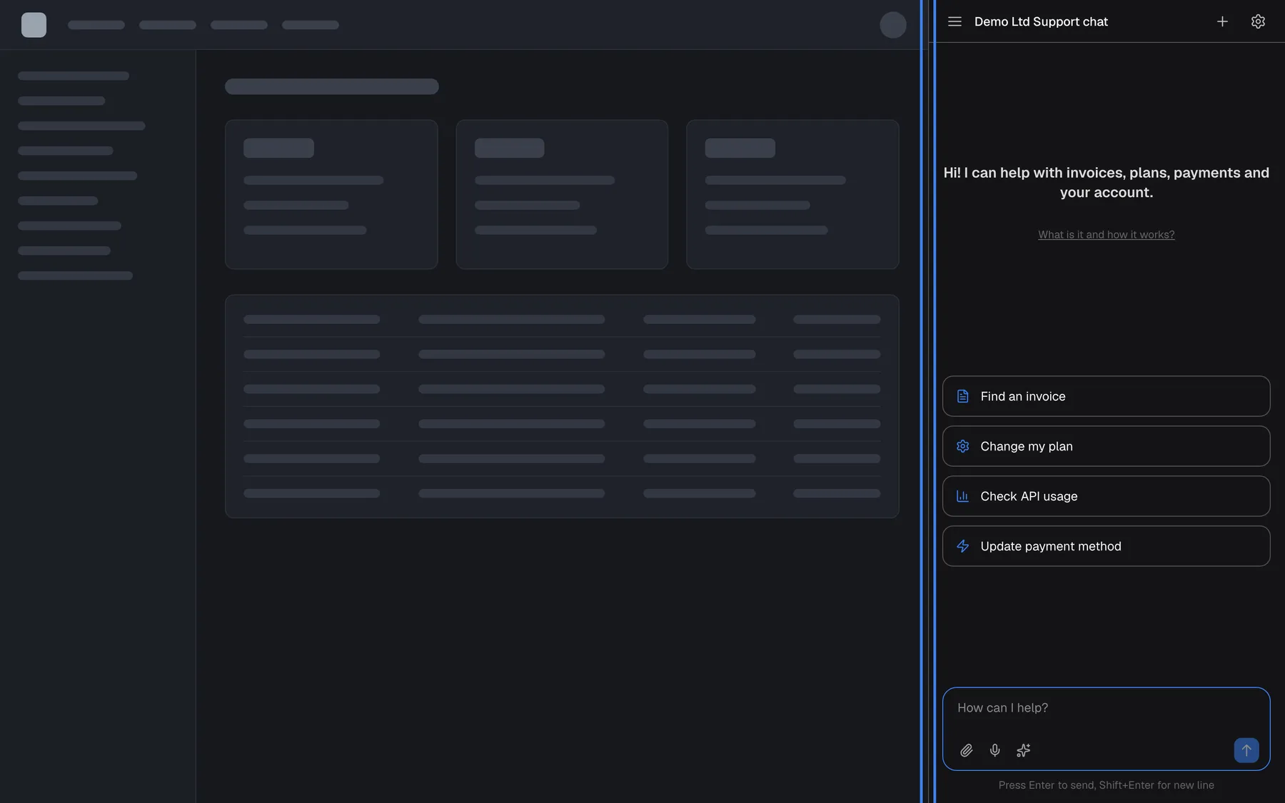 The Panel display type on a neutral example web app. The widget is always open as a full-height pane on the right, and the page content has moved left to make room for it instead of being covered: the three cards and the table are narrower. There is no launcher. The pane shows "Demo Ltd Support chat", the welcome text, the shortcut cards "Find an invoice", "Change my plan", "Check API usage" and "Update payment method" and the message box. The highlighted strip on the pane's left edge is the drag handle that resizes it.