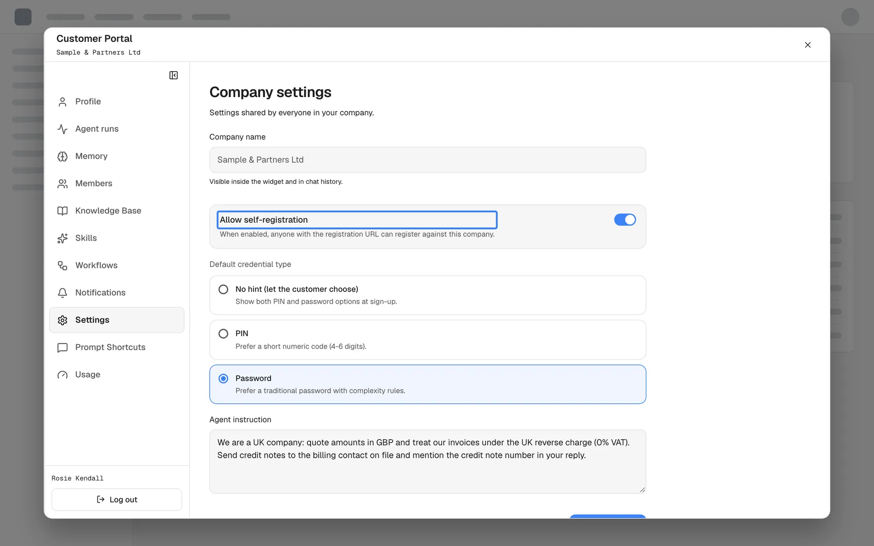 The Settings page of the Customer Portal for "Sample & Partners Ltd", opened by a customer Admin. "Company settings" shows the read-only Company name "Sample & Partners Ltd", then the highlighted switch "Allow self-registration", turned on ("When enabled, anyone with the registration URL can register against this company."). Default credential type offers "No hint (let the customer choose)", "PIN" and the selected "Password". The Agent instruction field holds a note about quoting amounts in GBP under the UK reverse charge and sending credit notes to the billing contact.