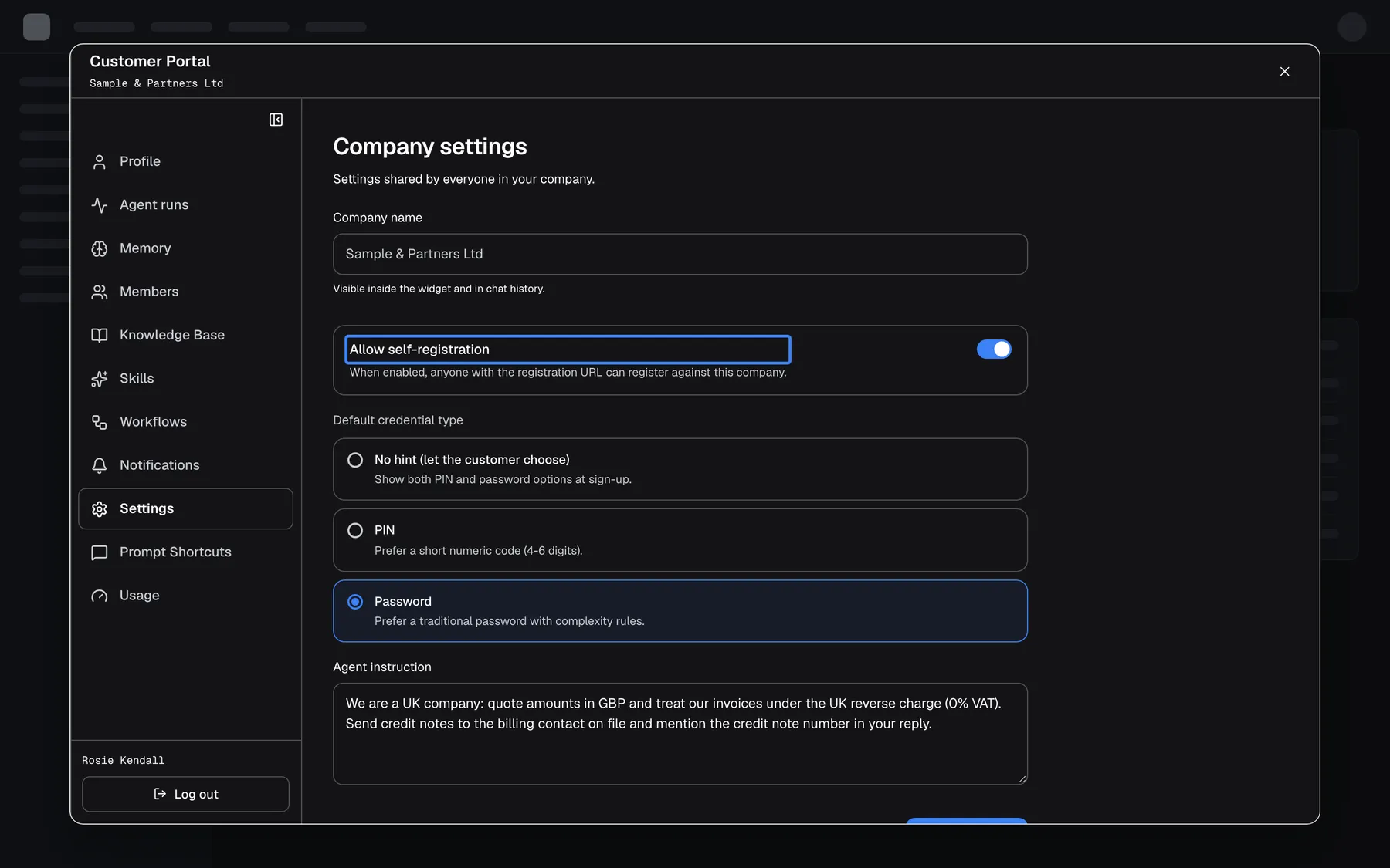 The Settings page of the Customer Portal for "Sample & Partners Ltd", opened by a customer Admin. "Company settings" shows the read-only Company name "Sample & Partners Ltd", then the highlighted switch "Allow self-registration", turned on ("When enabled, anyone with the registration URL can register against this company."). Default credential type offers "No hint (let the customer choose)", "PIN" and the selected "Password". The Agent instruction field holds a note about quoting amounts in GBP under the UK reverse charge and sending credit notes to the billing contact.