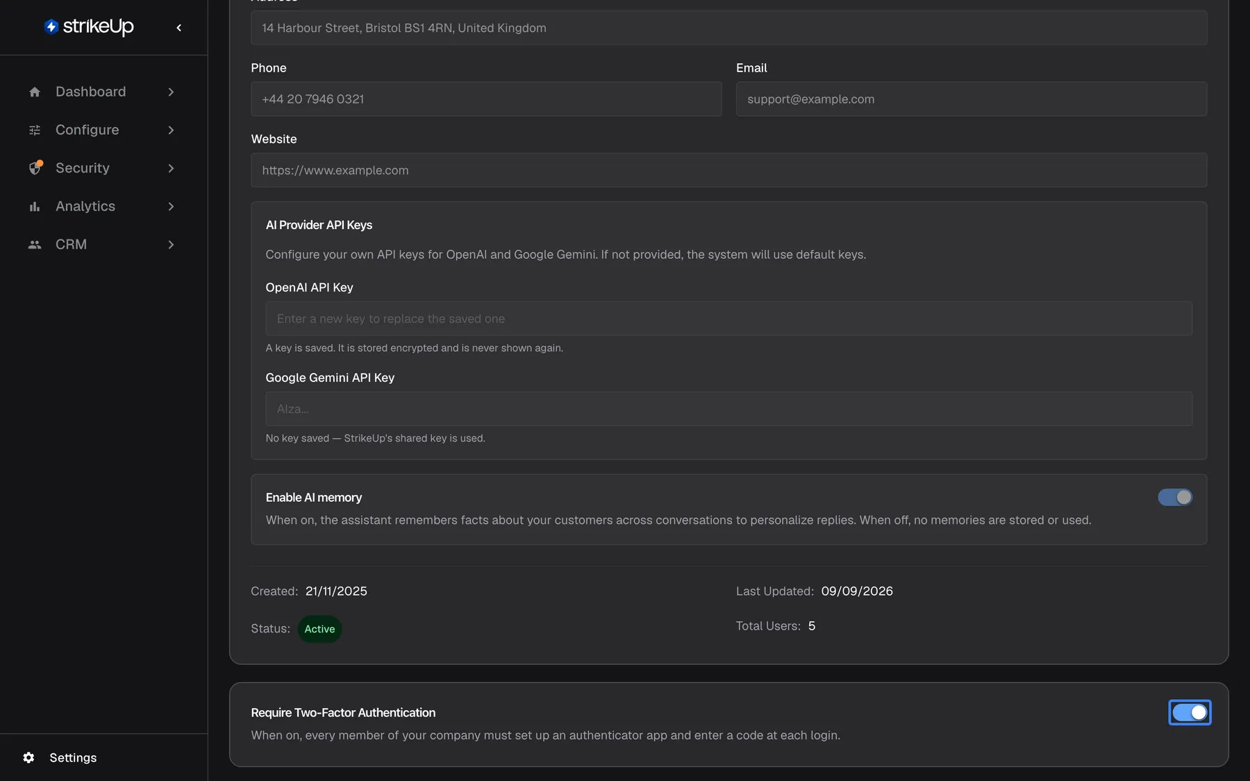 The lower part of the Company Details page in read-only view: "Enable AI memory" (on), then Created 21/11/2025, Last Updated 09/09/2026, Status Active and Total Users 5. Below, the card "Require Two-Factor Authentication" explains that every member of the company must set up an authenticator app and enter a code at each login; its switch is on and highlighted. The switch saves as soon as you change it.