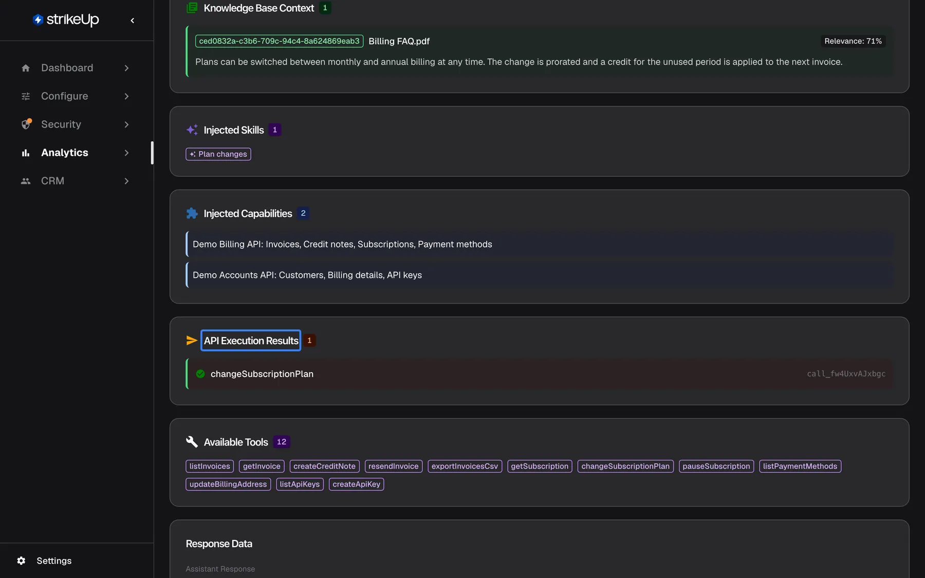 Step 4 on the AI action page of that call. "Knowledge Base Context" shows that Billing FAQ.pdf (relevance 71%) was given to the AI, saying a plan change is prorated with a credit for the unused period. "Injected Skills" lists Plan changes. The highlighted "API Execution Results" section shows that the tool changeSubscriptionPlan ran successfully just before the answer. The answer itself did not mention the credit, which explains the customer's complaint.