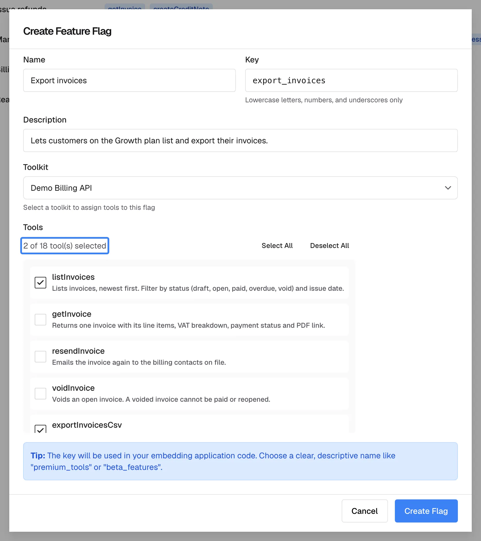 The "Create Feature Flag" dialog filled in: "Name" Export invoices, "Key" export_invoices, a description about customers on the Growth plan, and "Toolkit" Demo Billing API. Under "Tools" the highlighted counter reads "2 of 18 tool(s) selected" next to "Select All" and "Deselect All"; listInvoices and exportInvoicesCsv are ticked in the checklist, which shows each active tool of the toolkit with its description. "Create Flag" at the bottom saves the policy with these two tools.
