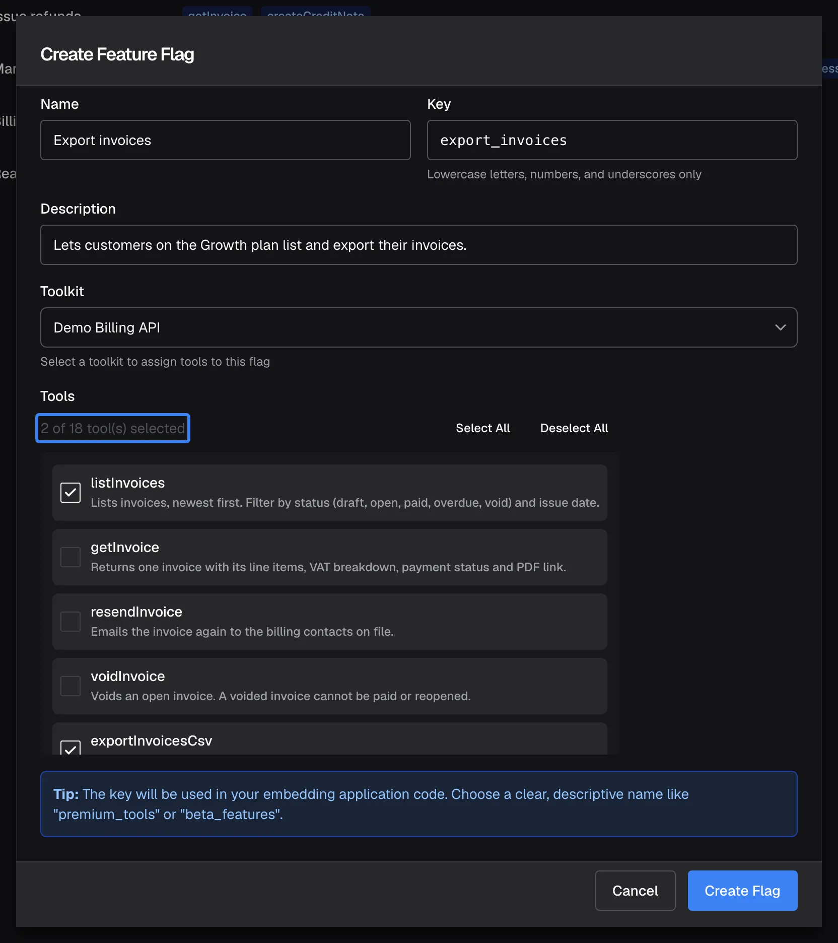The "Create Feature Flag" dialog filled in: "Name" Export invoices, "Key" export_invoices, a description about customers on the Growth plan, and "Toolkit" Demo Billing API. Under "Tools" the highlighted counter reads "2 of 18 tool(s) selected" next to "Select All" and "Deselect All"; listInvoices and exportInvoicesCsv are ticked in the checklist, which shows each active tool of the toolkit with its description. "Create Flag" at the bottom saves the policy with these two tools.