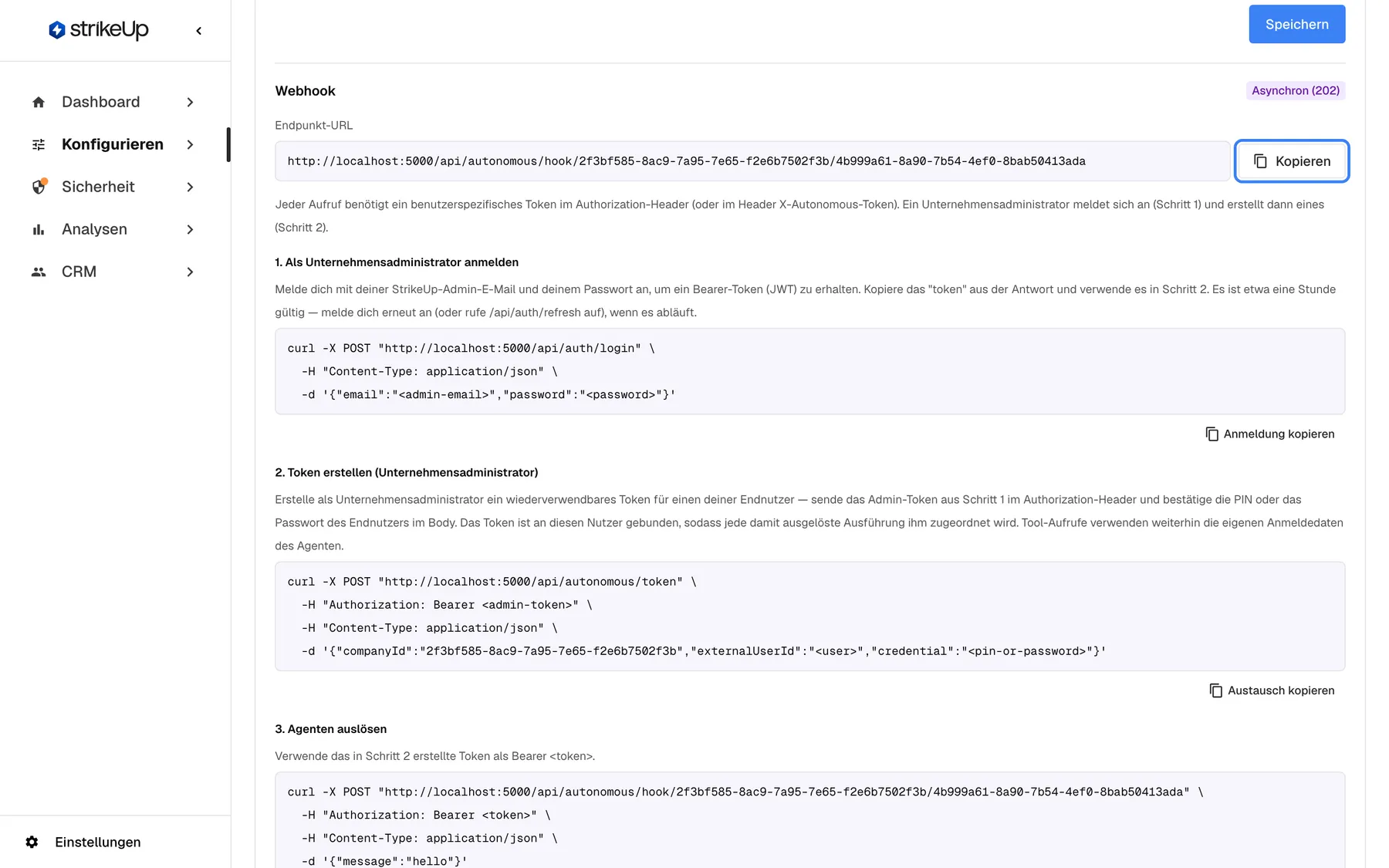 Der Bereich „Webhook“ des Agenten „Overdue invoice follow-up“, gekennzeichnet mit „Asynchron (202)“. Das Feld „Endpunkt-URL“ zeigt die Adresse des Agenten, die auf /api/autonomous/hook/ mit Arbeitsbereichs- und Agenten-ID endet; in diesen Beispielbildern zeigt sie auf einen lokalen Testserver. Die Schaltfläche „Kopieren“ daneben ist hervorgehoben. Darunter erklärt ein Hinweis, dass jeder Aufruf ein benutzerspezifisches Token braucht, gefolgt von Schritt „1. Als Unternehmensadministrator anmelden“ mit einem fertigen curl-Befehl und „Anmeldung kopieren“.