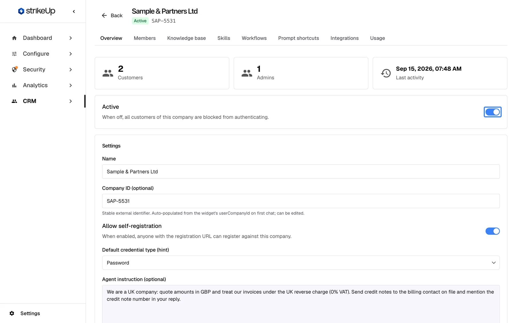 The Overview tab of "Sample & Partners Ltd" (Active badge, SAP-5531) with the cards 2 Customers, 1 Admins and Last activity Sep 15, 2026, 07:48 AM. The switch in the "Active" card, explained as "When off, all customers of this company are blocked from authenticating.", is on and highlighted. Turning it off asks for confirmation and then blocks sign-in for every customer of the company.