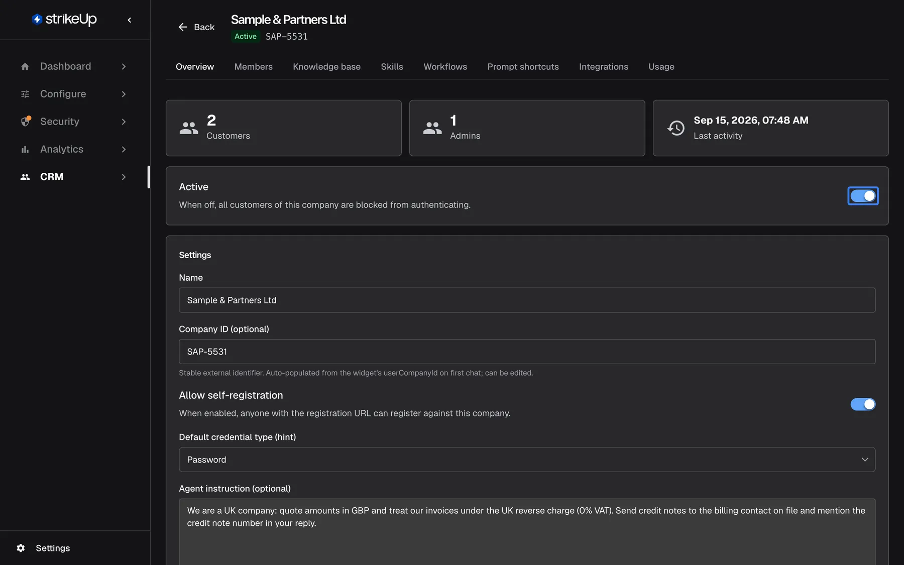 The Overview tab of "Sample & Partners Ltd" (Active badge, SAP-5531) with the cards 2 Customers, 1 Admins and Last activity Sep 15, 2026, 07:48 AM. The switch in the "Active" card, explained as "When off, all customers of this company are blocked from authenticating.", is on and highlighted. Turning it off asks for confirmation and then blocks sign-in for every customer of the company.
